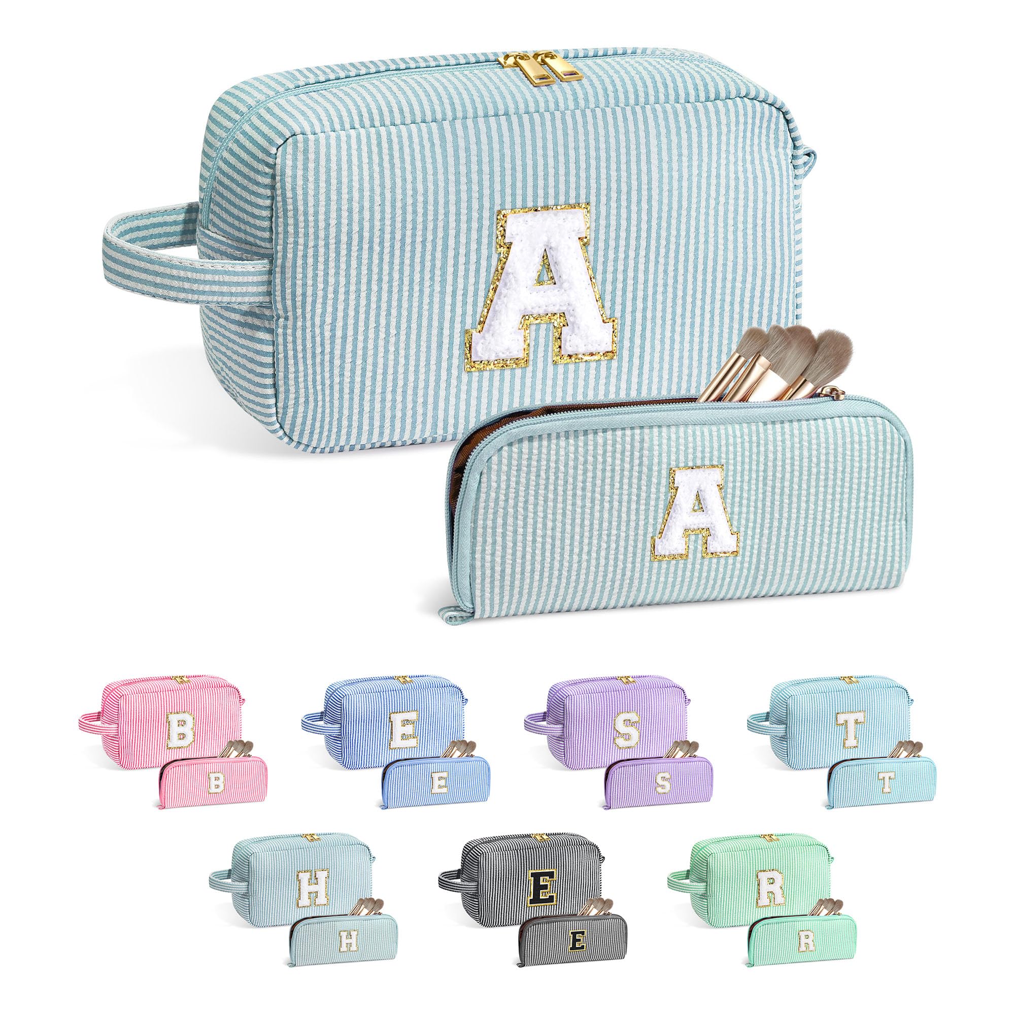 YOOLIFE Monogram Initial Green Makeup Bags – 2-Pack Personalized Cosmetic Pouches for Women