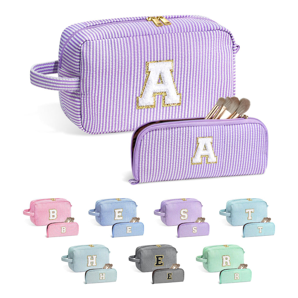 YOOLIFE Monogram Initial Purple Travel Makeup Bag – 2-Pack Gift for Women and Girls