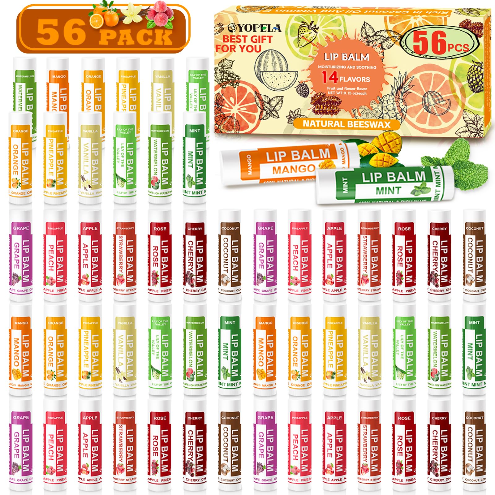 Yopela 56 Pack Natural Lip Balm — 14 Flavors, Vitamin E & Coconut Oil | Non-GMO Gift-Ready