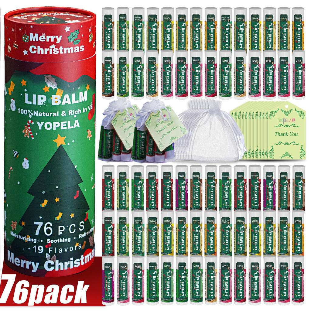 Yopela 76-Pack Christmas Lip Balm Bulk – 19 Flavors, Vitamin E & Coconut Oil