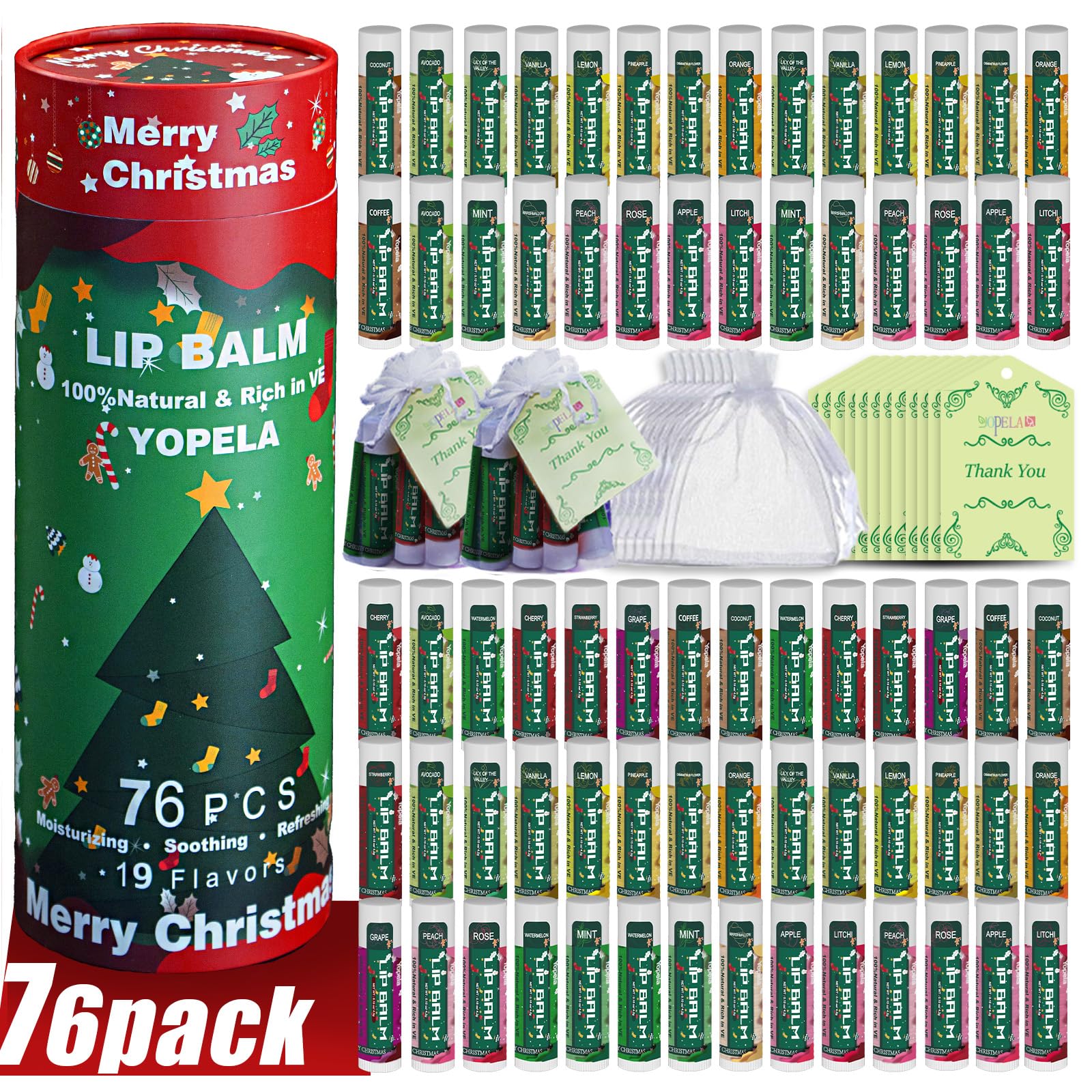 Yopela 76-Pack Christmas Lip Balm Bulk – 19 Flavors, Vitamin E & Coconut Oil