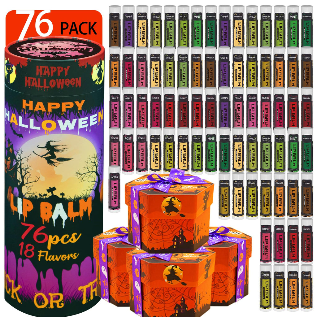 Yopela 76-Pack Halloween Lip Balm Bulk – Vitamin E, Coconut Oil, 18 Flavors, Non-GMO