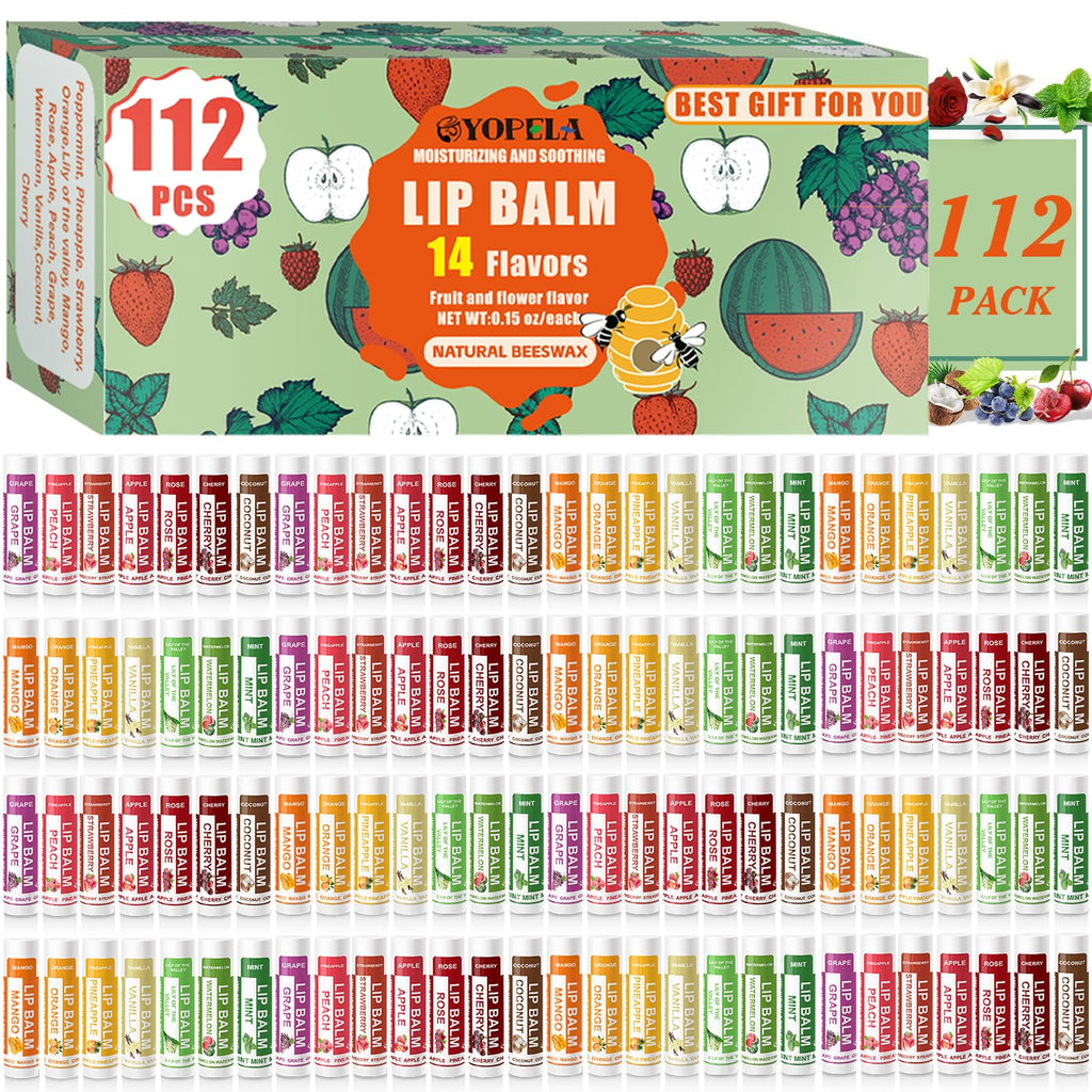 Yopela 112 Pack Natural Lip Balm Bulk – Vitamin E, Coconut Oil, 14 Flavors, Non-GMO
