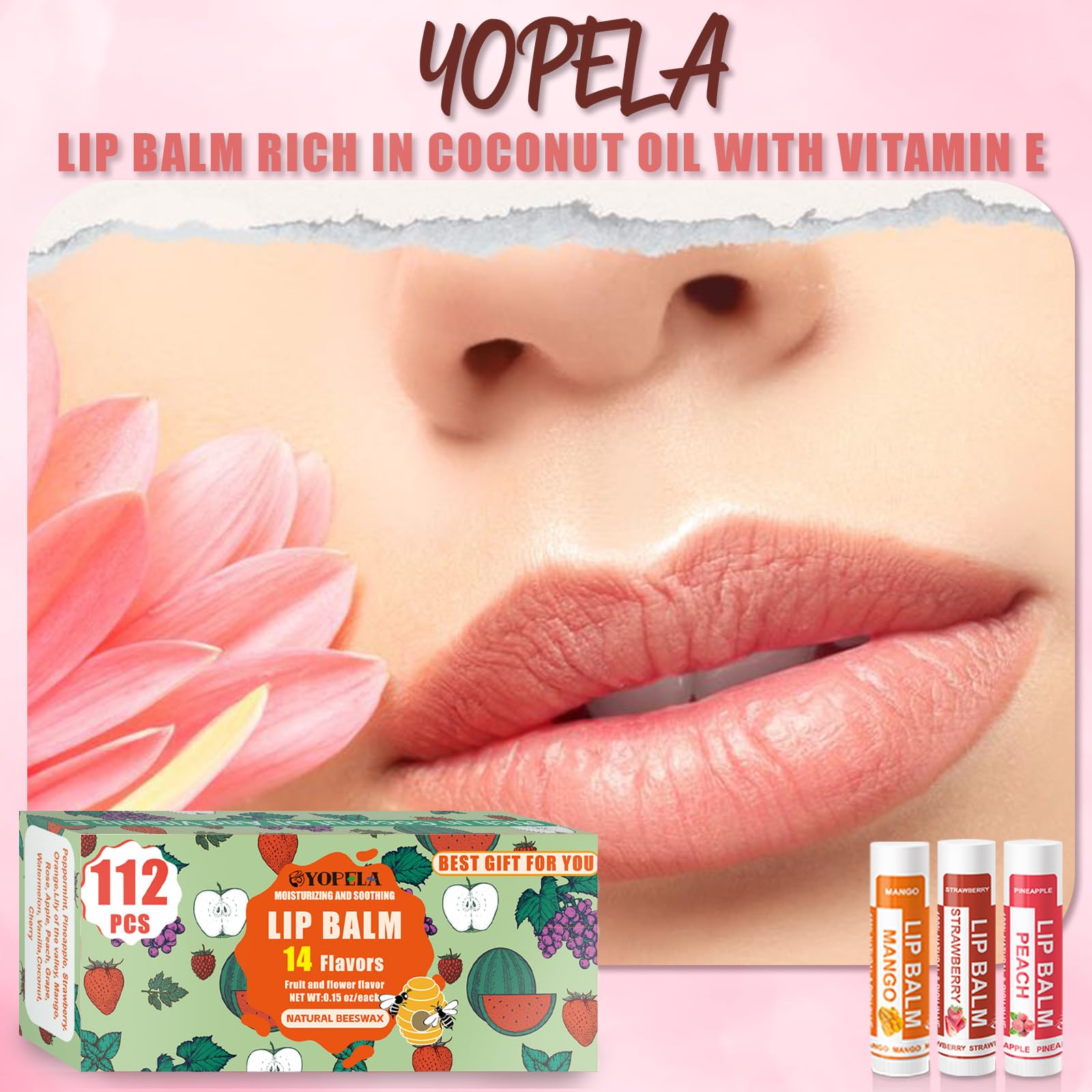 Yopela 112 Pack Natural Lip Balm Bulk – Vitamin E, Coconut Oil, 14 Flavors, Non-GMO