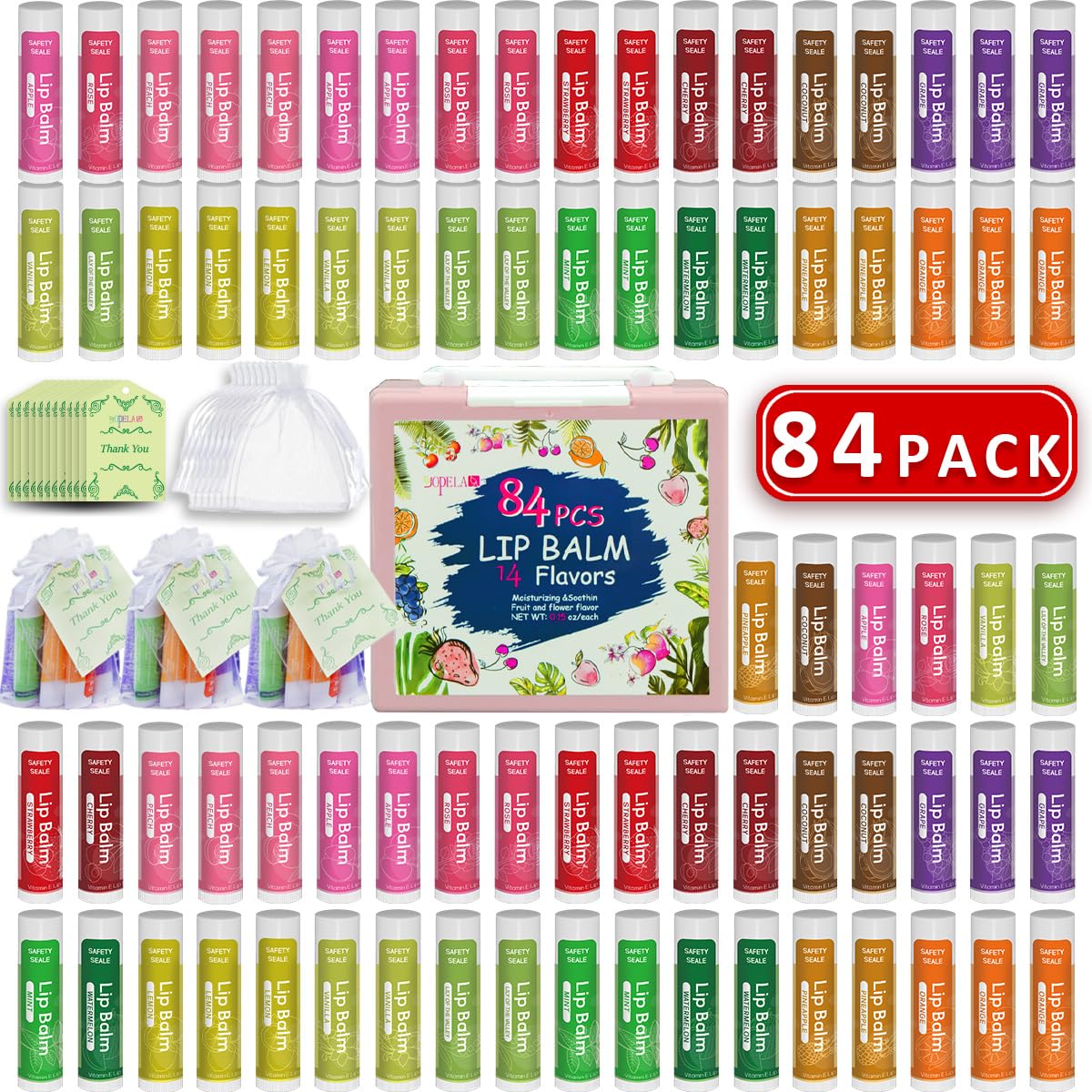 Yopela 84-Pack Natural Lip Balm with Vitamin E & Coconut Oil – 14 Flavors