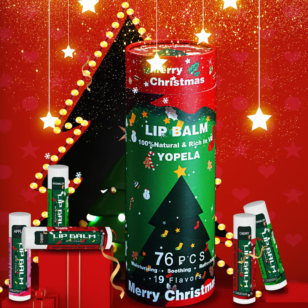 Yopela 76-Pack Christmas Lip Balm Bulk – 19 Flavors, Vitamin E & Coconut Oil