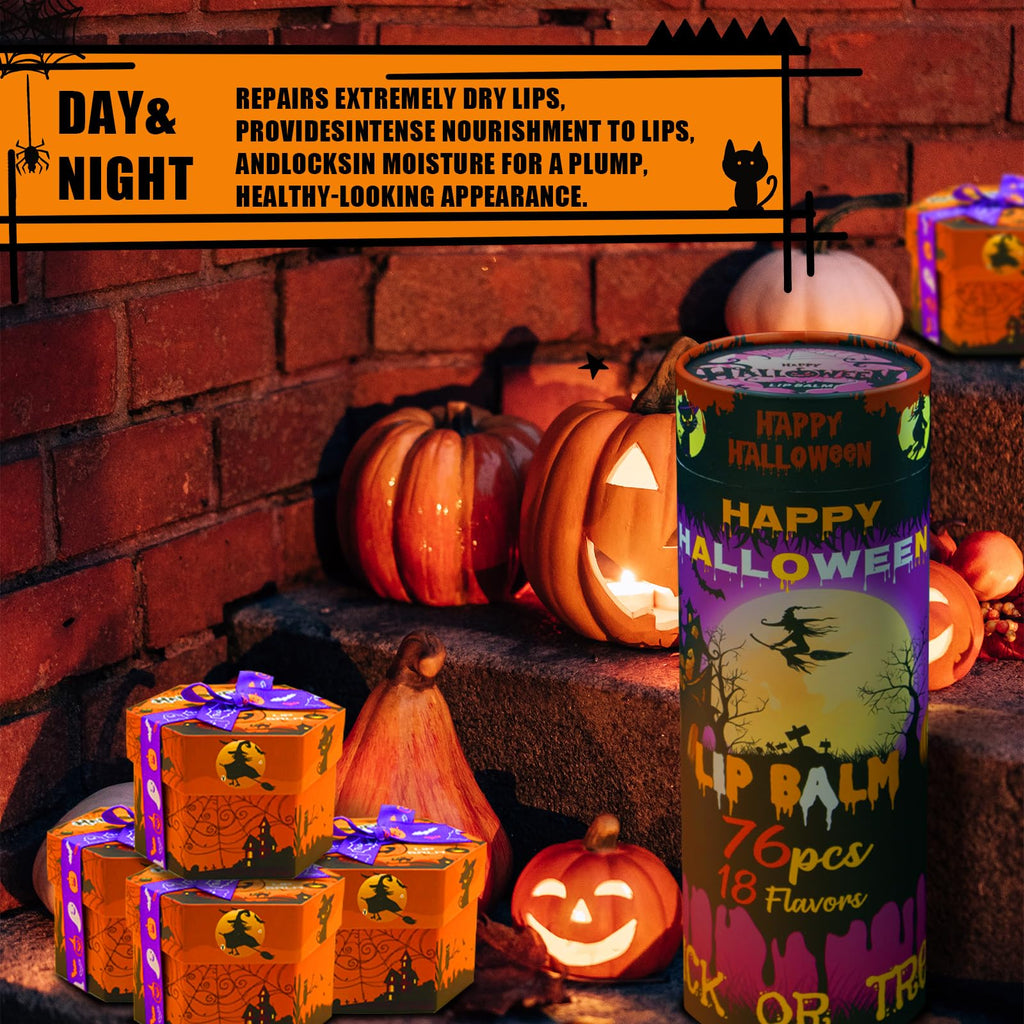 Yopela 76-Pack Halloween Lip Balm Bulk – Vitamin E, Coconut Oil, 18 Flavors, Non-GMO