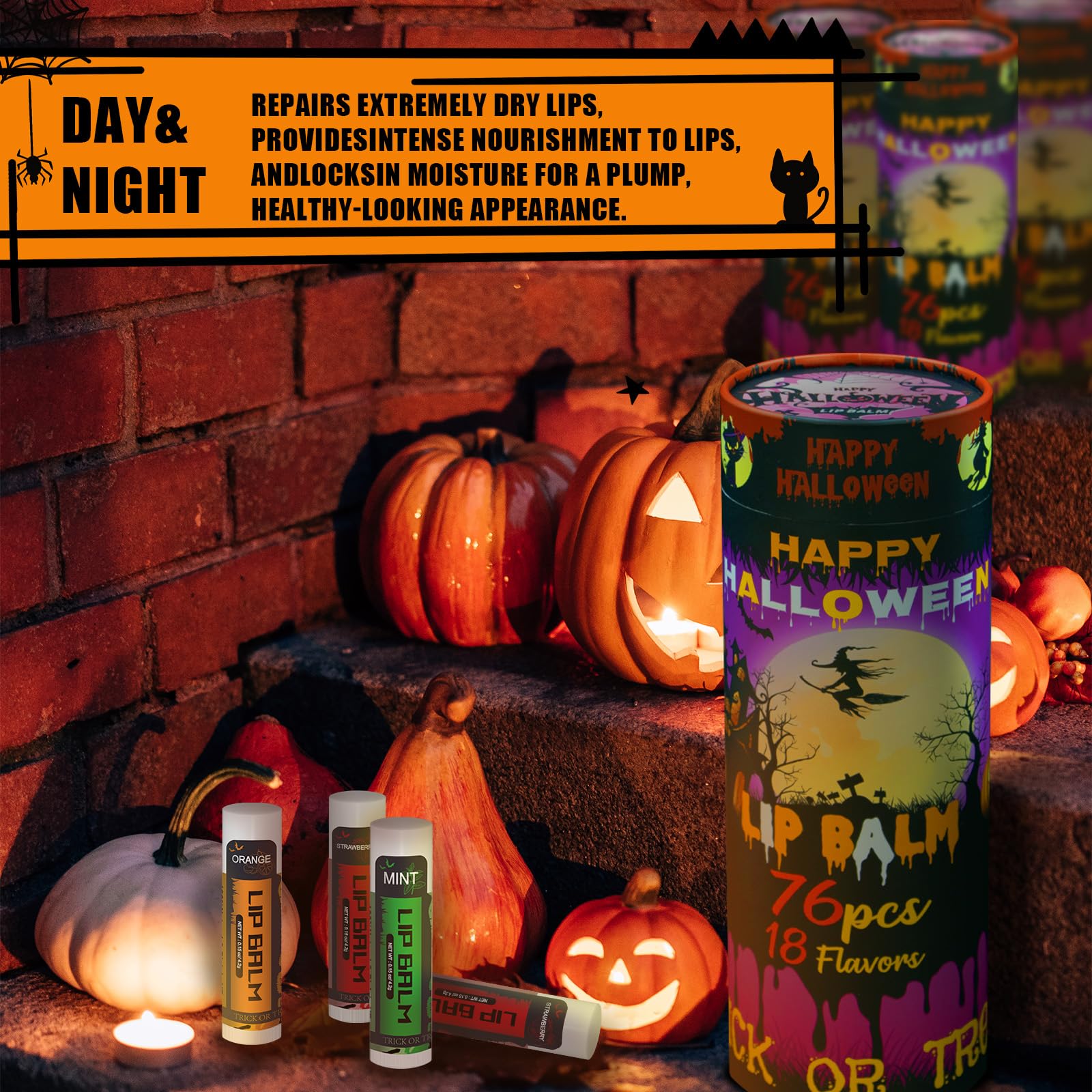 Yopela 76-Pack Halloween Lip Balm Bulk with Vitamin E & Coconut Oil – Moisturizing, Soothing, and Repairing Lip Care