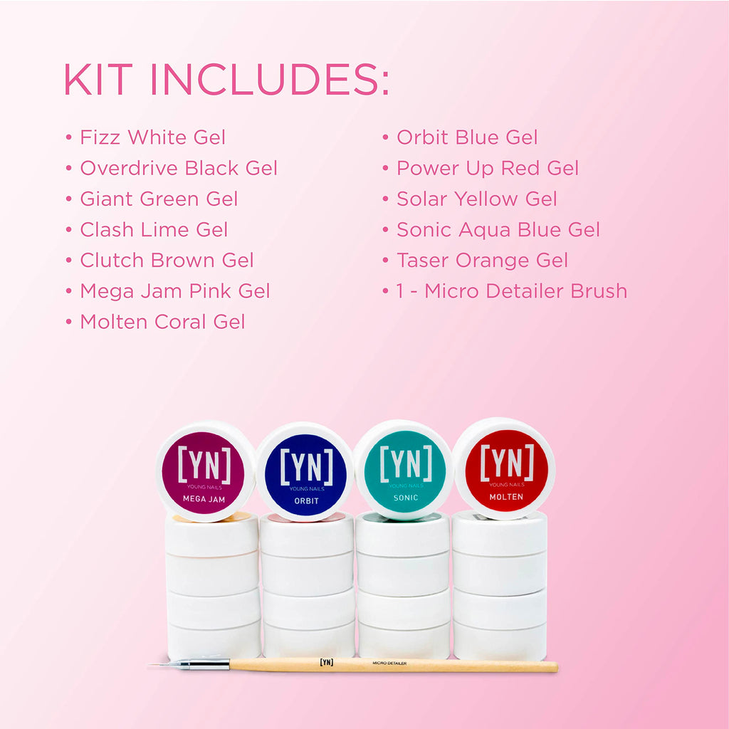 Young Nails Mission Control Precision Gel Kit – 12-Color Gel Paint for Nail Art, LED Curing