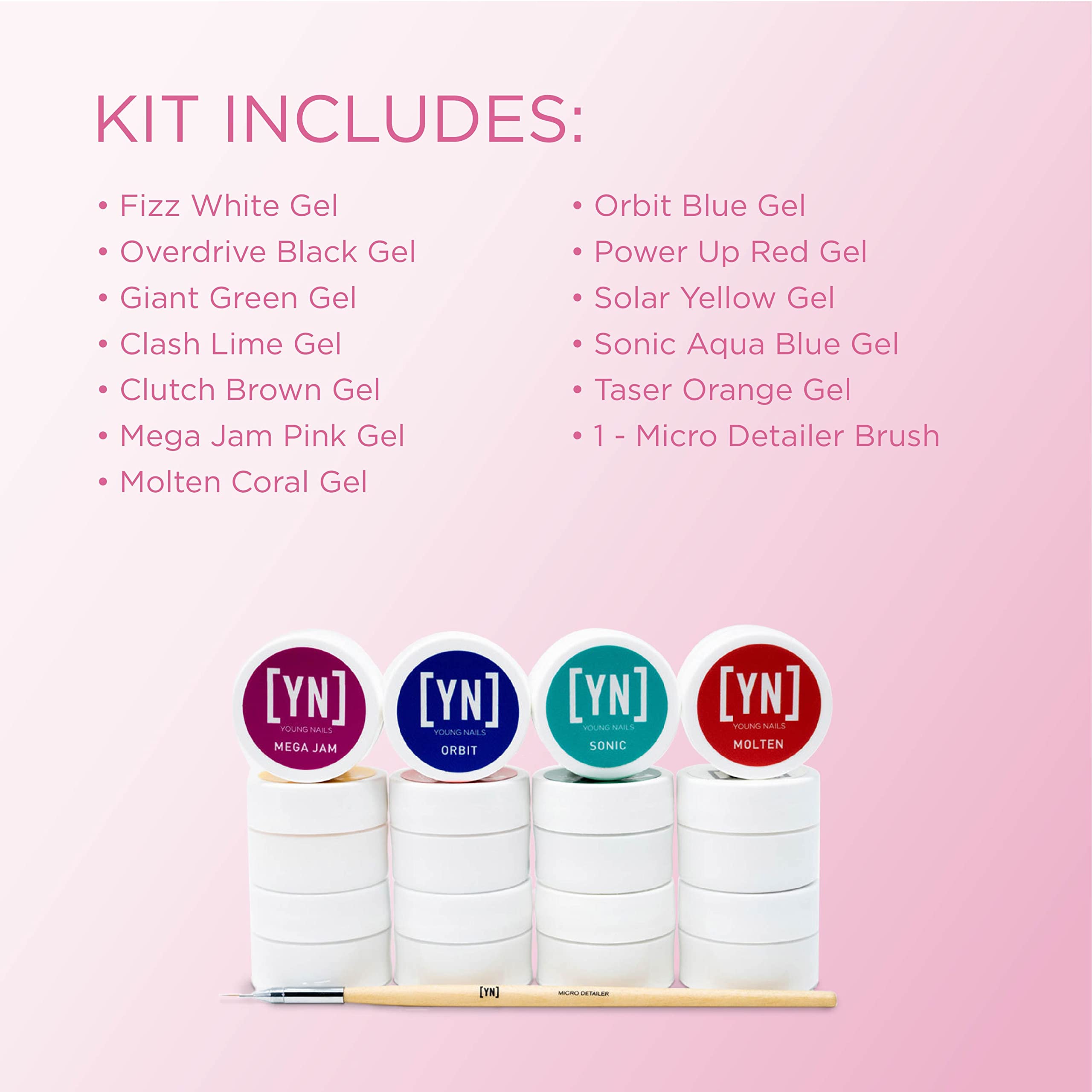 Young Nails Mission Control Precision Gel Kit – 12-Color Gel Paint for Nail Art, LED Curing