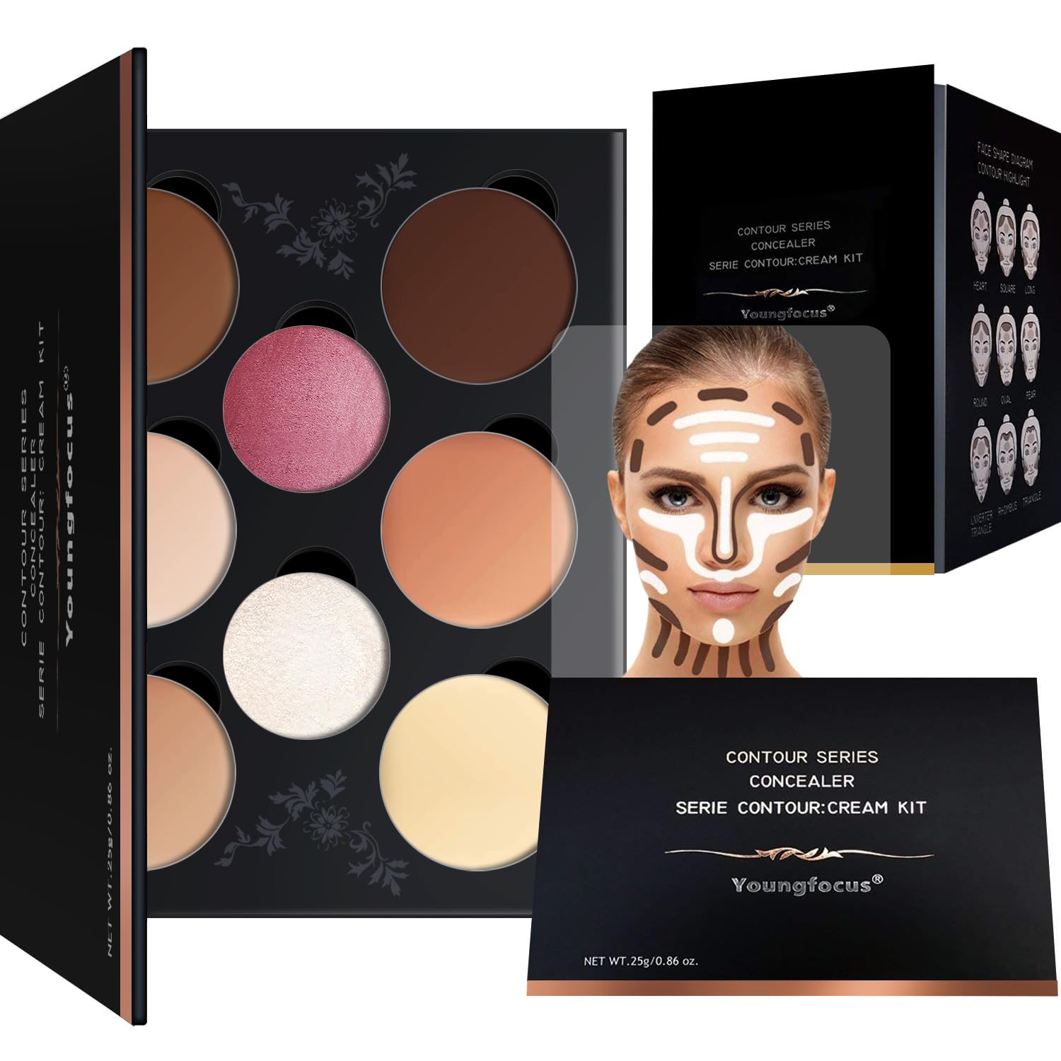 Youngfocus 8-Color Cream Contour Kit – Vegan, Cruelty-Free Contour & Highlight Palette