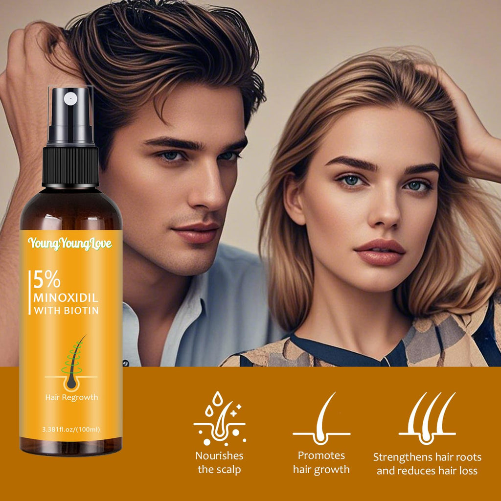 YOUNGYOUNGLOVE 5% Minoxidil Spray with Biotin – Hair Growth for Men & Women (3.38 oz)