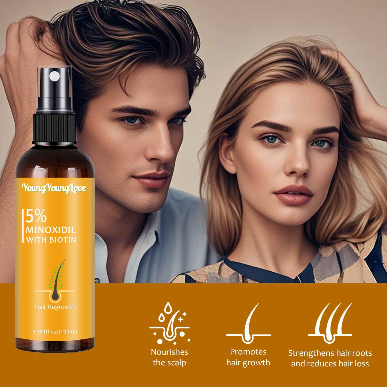YOUNGYOUNGLOVE 5% Minoxidil Spray with Biotin – Hair Growth for Men & Women (3.38 oz)