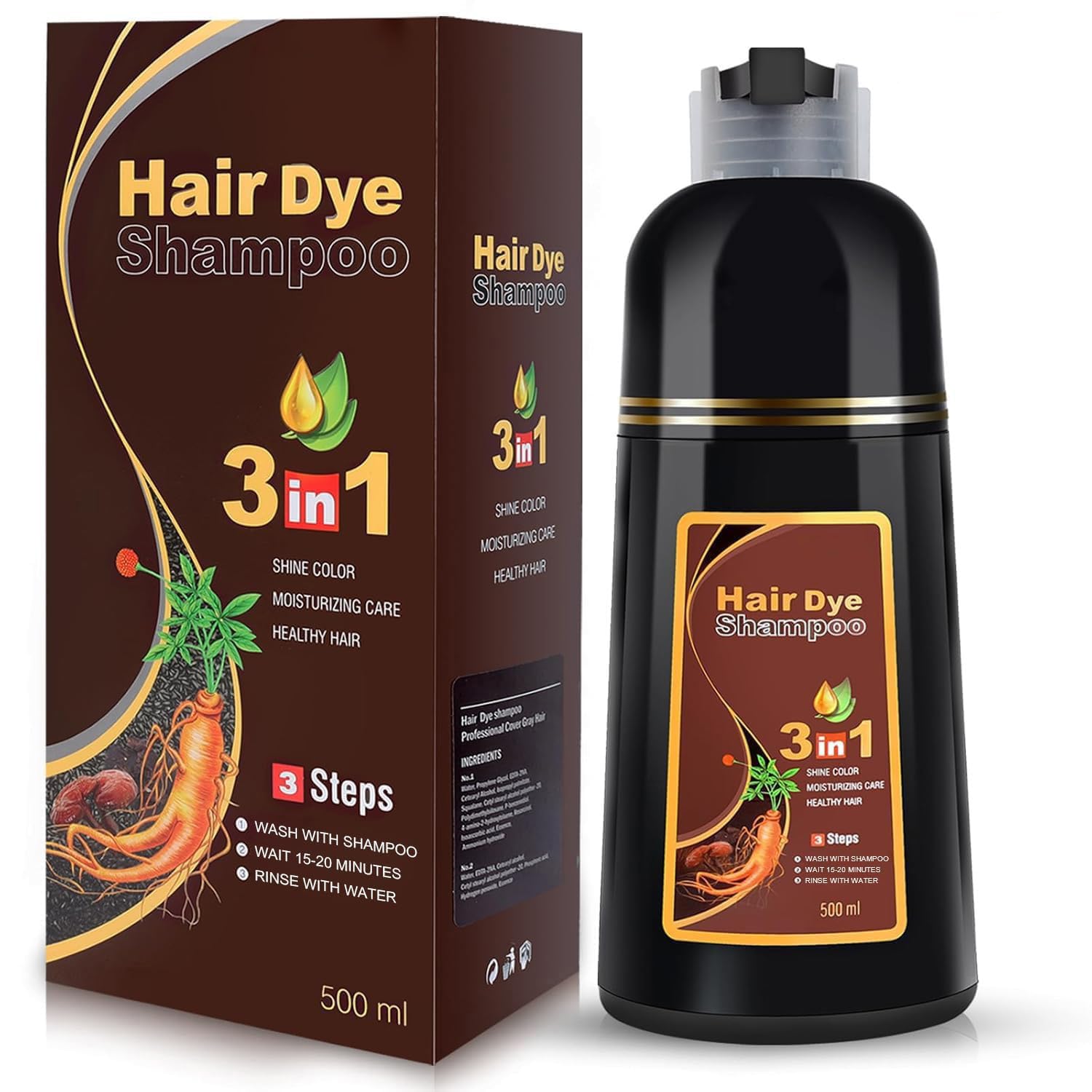 YOURTONE Brown Hair Dye Shampoo 3-in-1 for Gray Hair Coverage – Herbal Color & Hydration (16.9 oz)