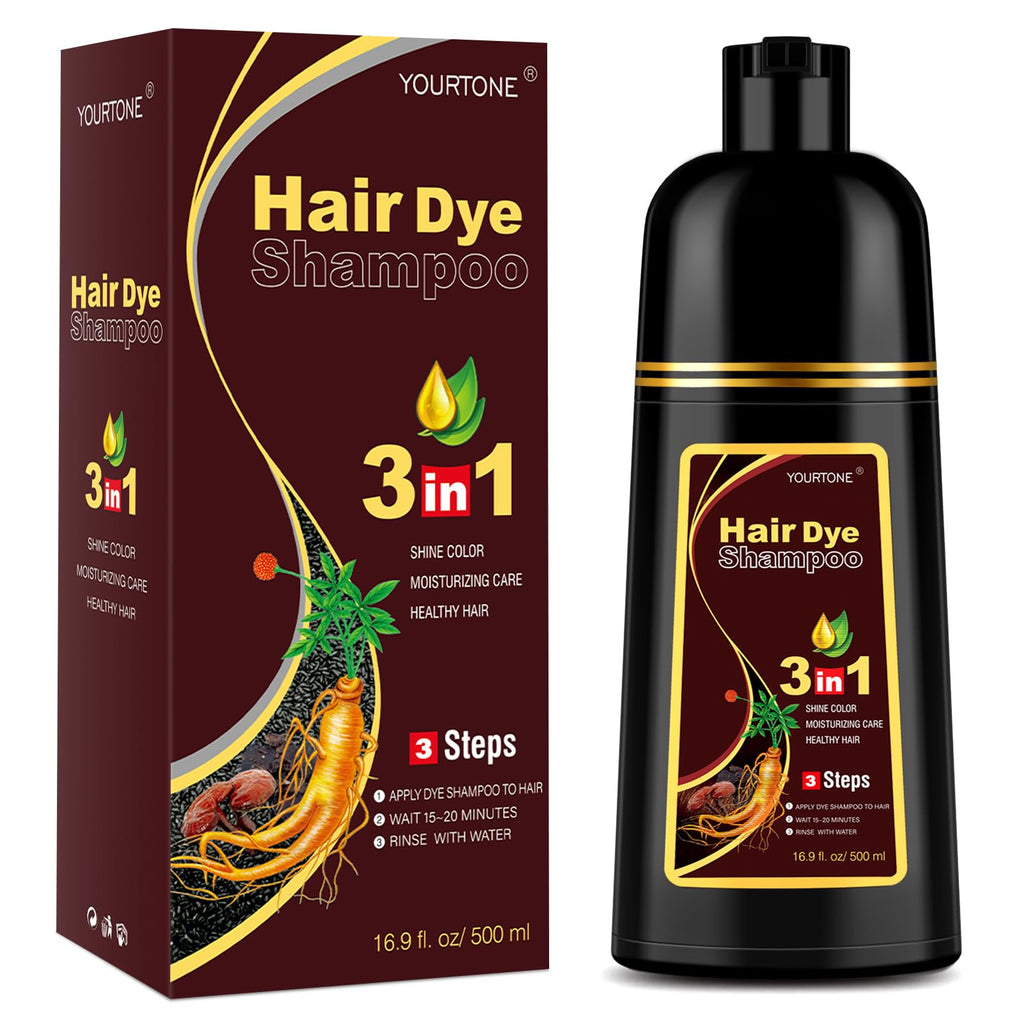 YOURTONE Chestnut Brown 3-in-1 Hair Dye Shampoo for Gray Coverage | Herbal Color 16.9 oz