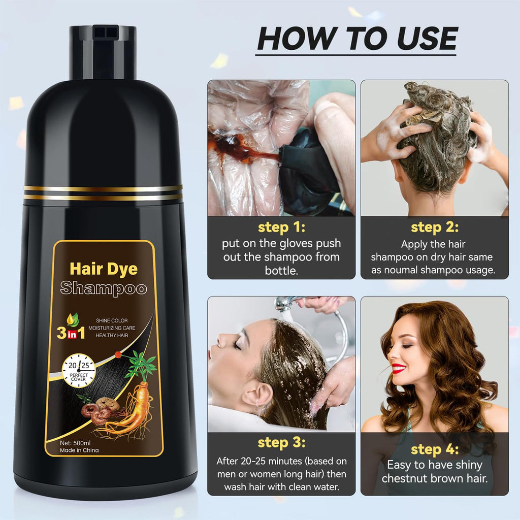 YOURTONE Hair Dye Shampoo Chestnut Brown – 3-in-1, Ammonia-Free, 500ml