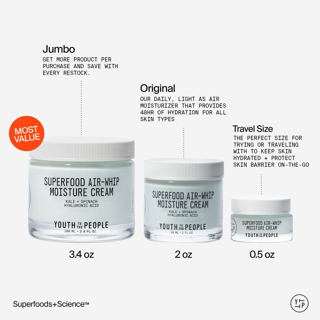 Youth To The People Superfood Air-Whip Moisture Cream Jumbo - Kale + Green Tea Hyaluronic Acid Moisturizer (3.4 fl oz)