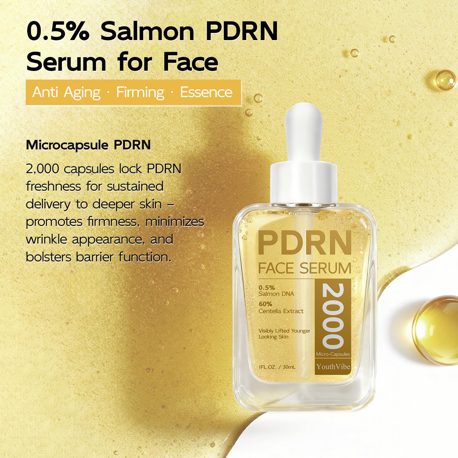YouthVibe 0.5% PDRN Serum for Face – Anti‑Aging Salmon DNA Serum with HA, Niacinamide & Squalane, 30ml