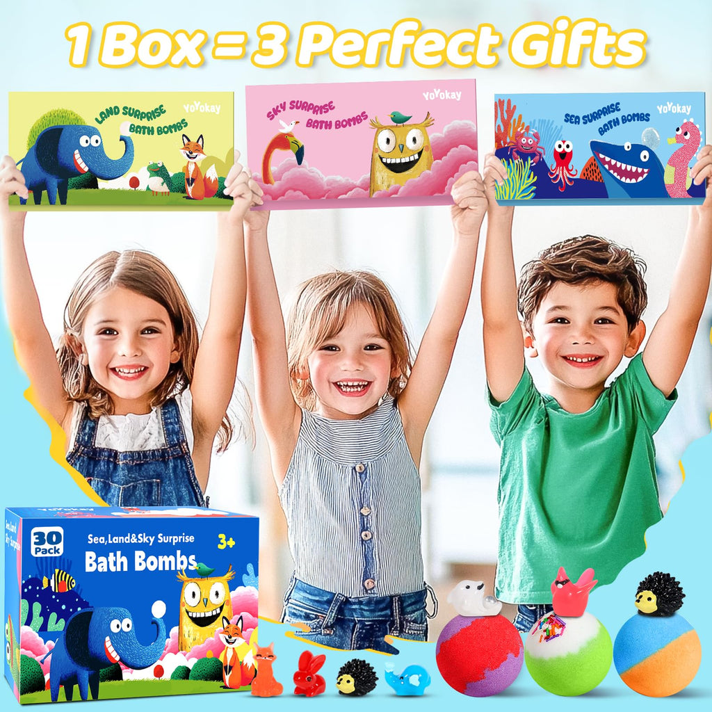 YoYokay 30 Kids Bath Bombs with Toys Inside – Ocean, Land & Sky Surprises