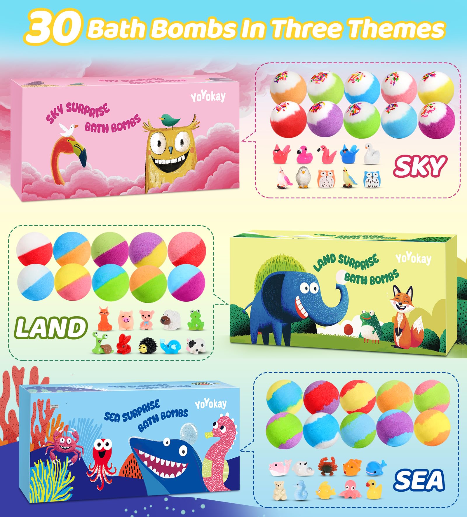 YoYokay 30 Kids Bath Bombs with Toys Inside – Ocean, Land & Sky Surprises