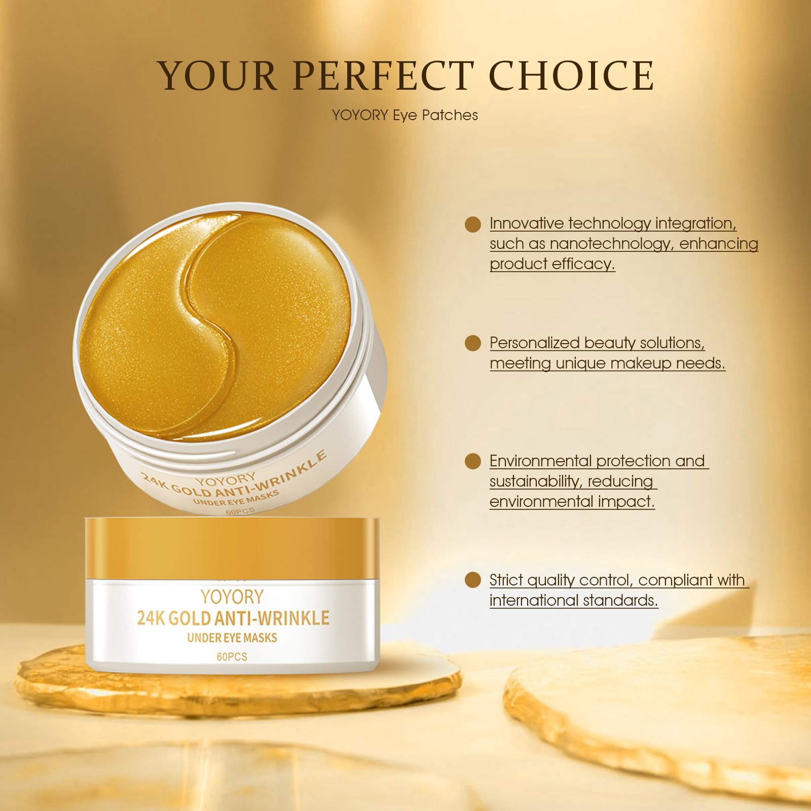 YOYORY 24K Gold Eye Patch Masks – 60 Pcs Hydration with Caffeine & Collagen for Dark Circles & Puffiness