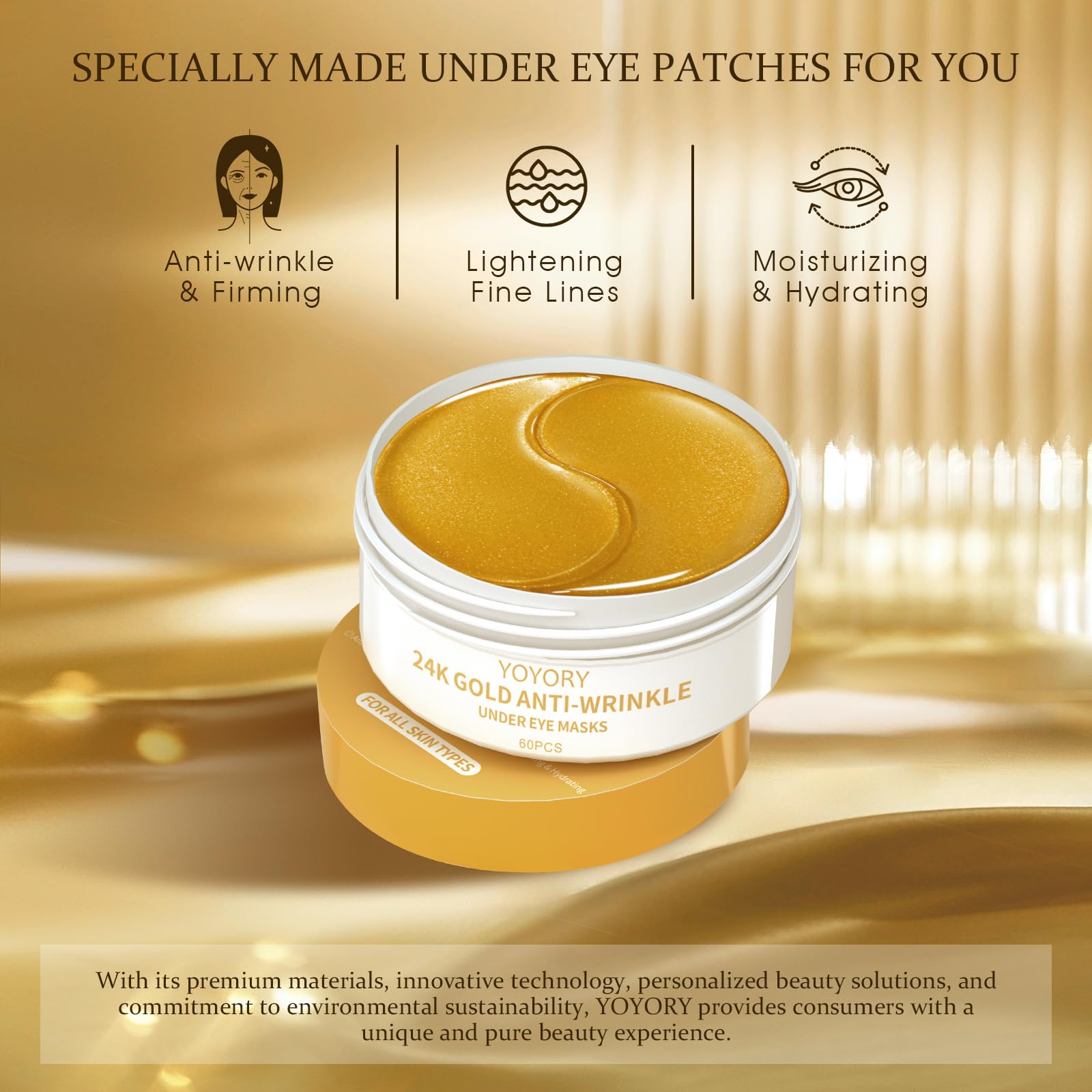YOYORY 24K Gold Eye Patch Masks – 60 Pcs Hydration with Caffeine & Collagen for Dark Circles & Puffiness