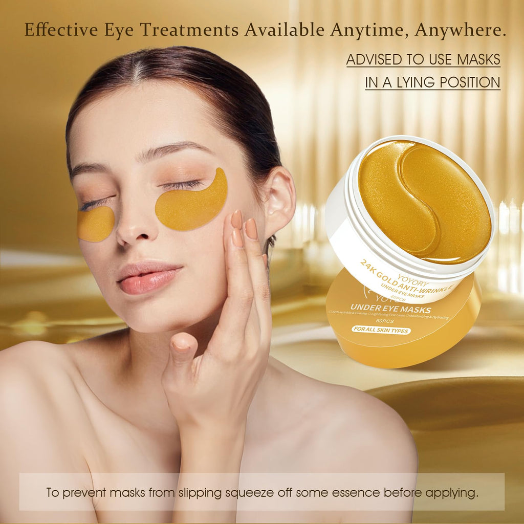 YOYORY 24K Gold Eye Patch Masks – 60 Pcs Hydration with Caffeine & Collagen for Dark Circles & Puffiness