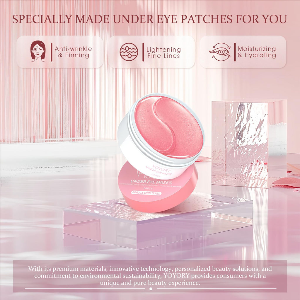 YOYORY Under Eye Patches – Collagen & Hyaluronic Acid for Dark Circles, Puffiness, Fine Lines (60 Pcs, Pink)