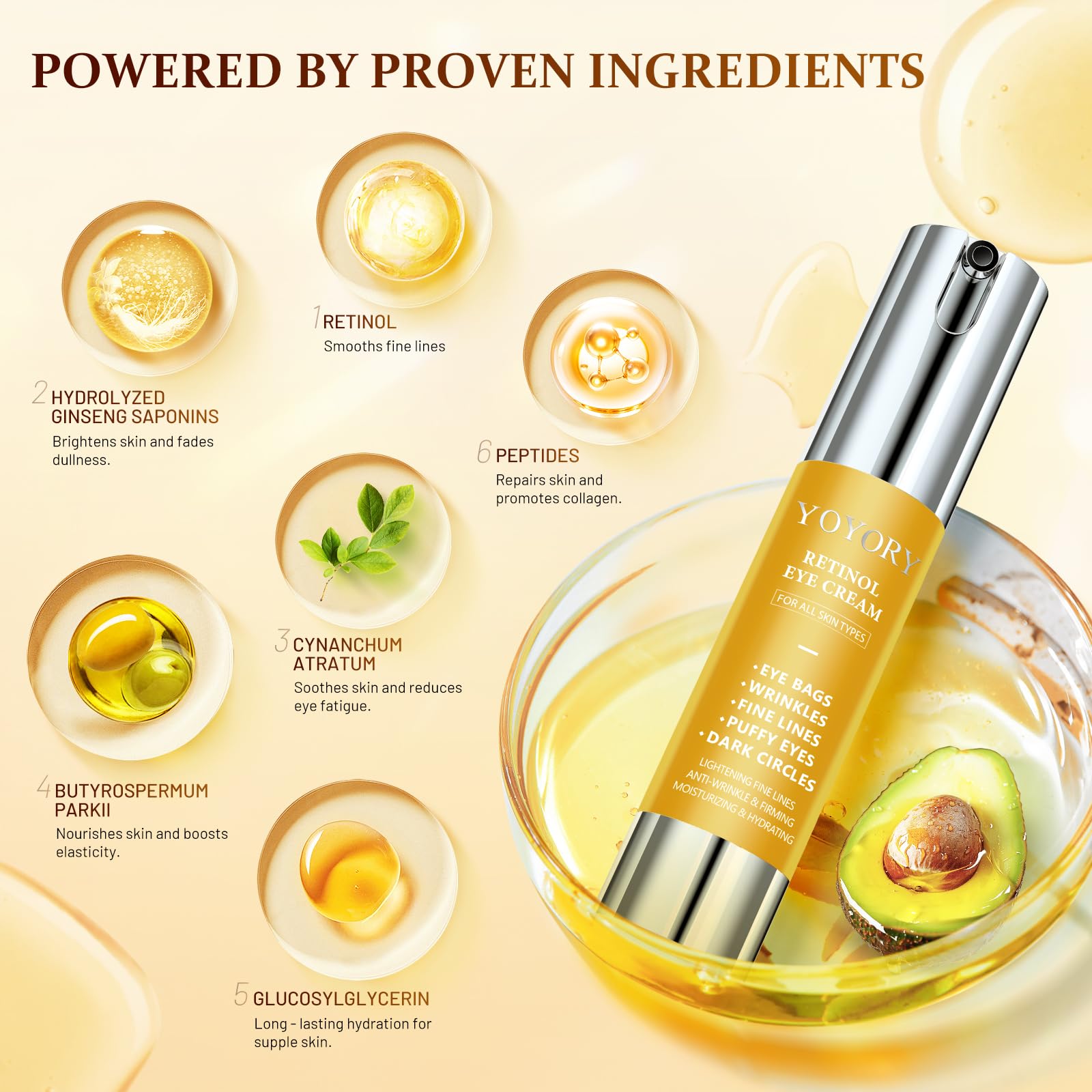 YOYORY Retinol Eye Cream for Dark Circles — 0.66 fl oz (Gold)