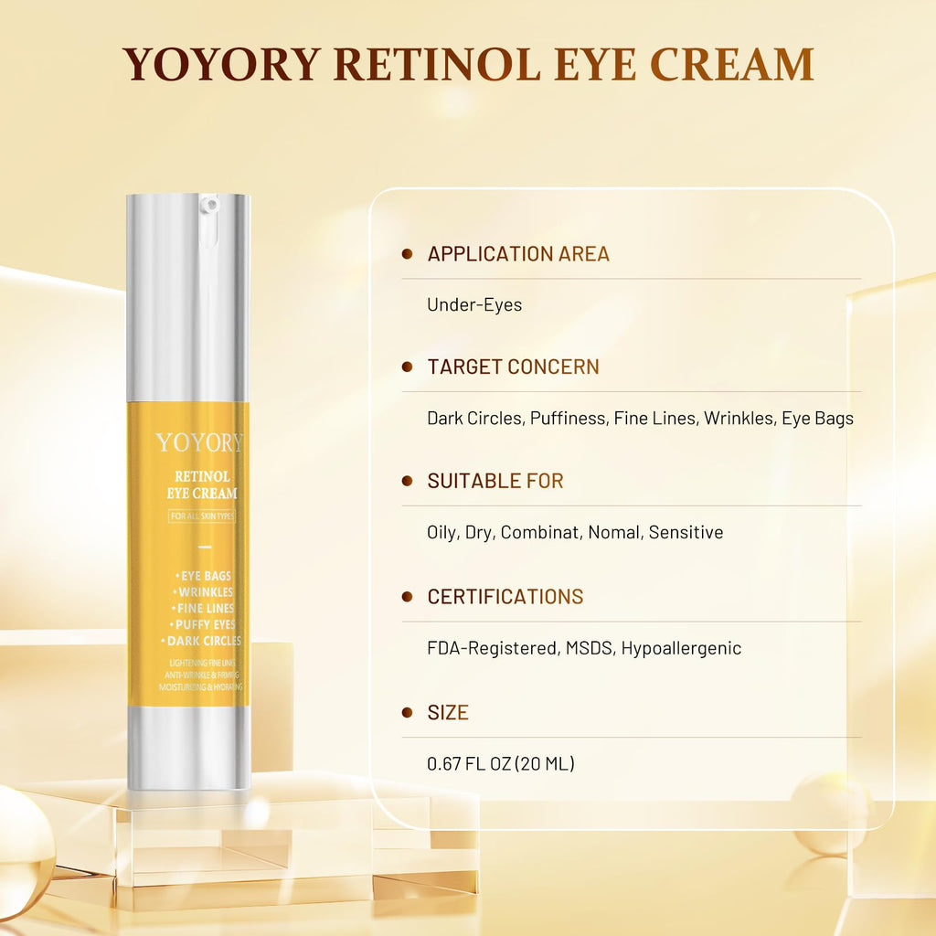 YOYORY Retinol Eye Cream for Dark Circles — 0.66 fl oz (Gold)
