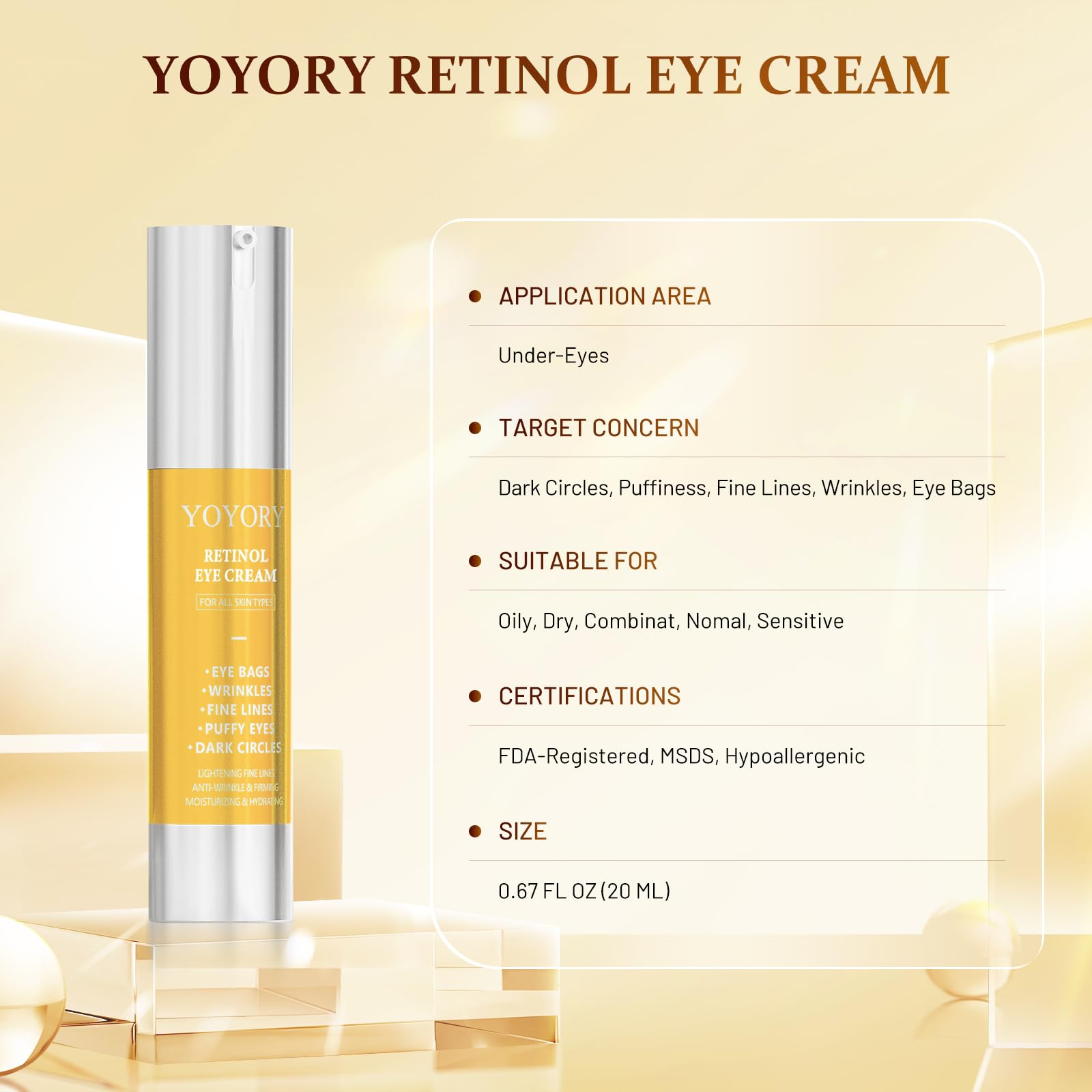 YOYORY Retinol Eye Cream for Dark Circles — 0.66 fl oz (Gold)