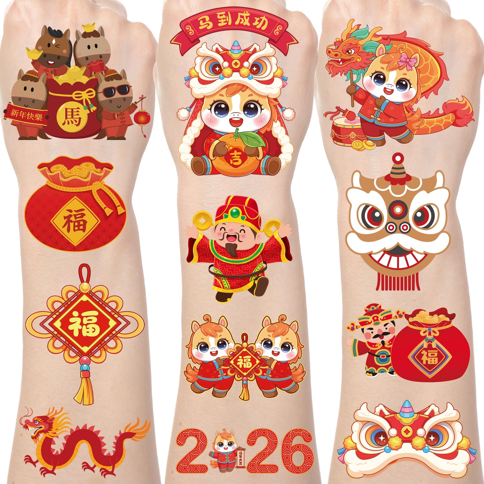 Yoyuspy Chinese New Year Tattoos – 200+ Designs, 8 Sheets, Horse Zodiac & Red Envelopes