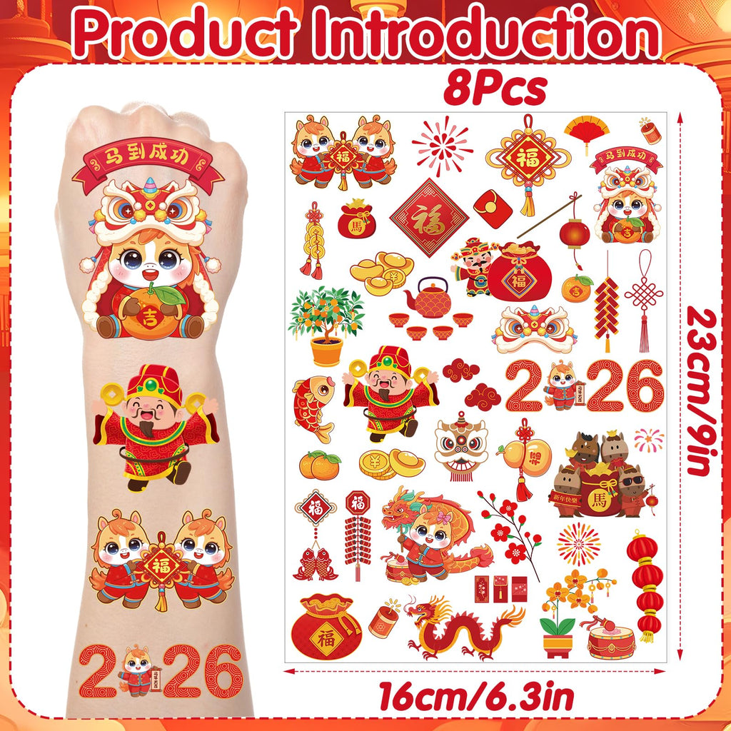 Yoyuspy Chinese New Year Tattoos – 200+ Designs, 8 Sheets, Horse Zodiac & Red Envelopes