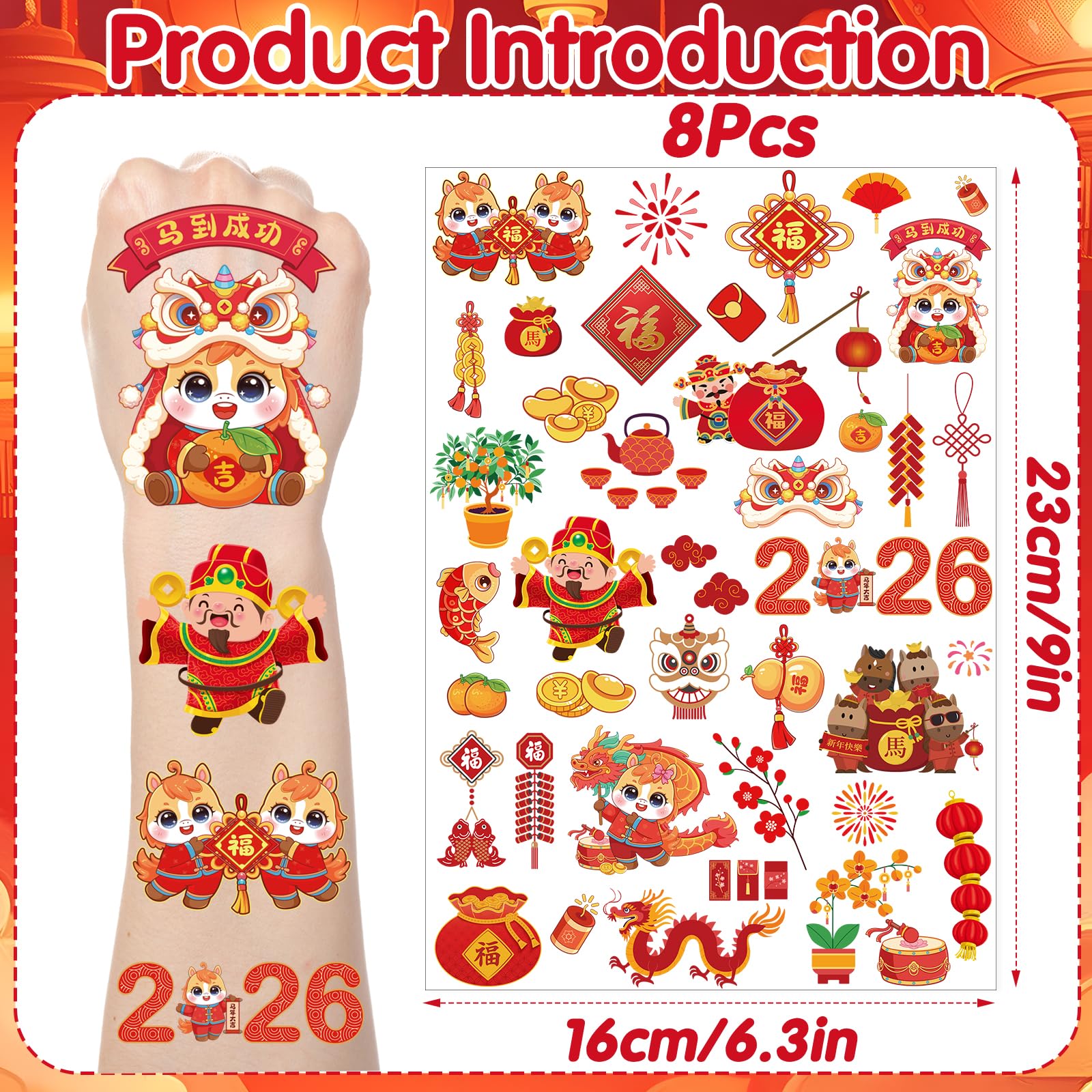 Yoyuspy Chinese New Year Tattoos – 200+ Designs, 8 Sheets, Horse Zodiac & Red Envelopes