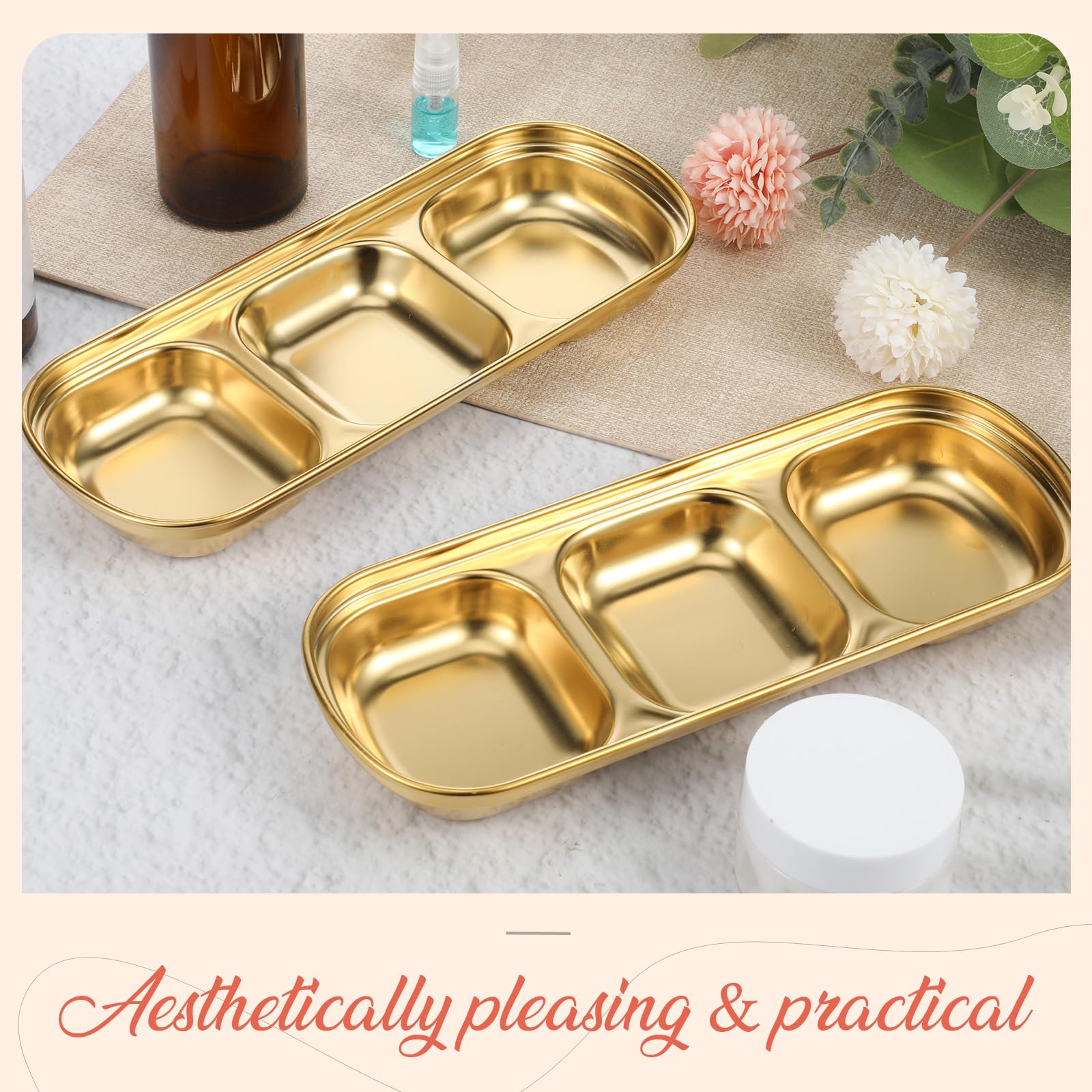 Yuanan 4-Pc Esthetician Bowls – Gold 3-Compartment Facial Trays for Home & Salon