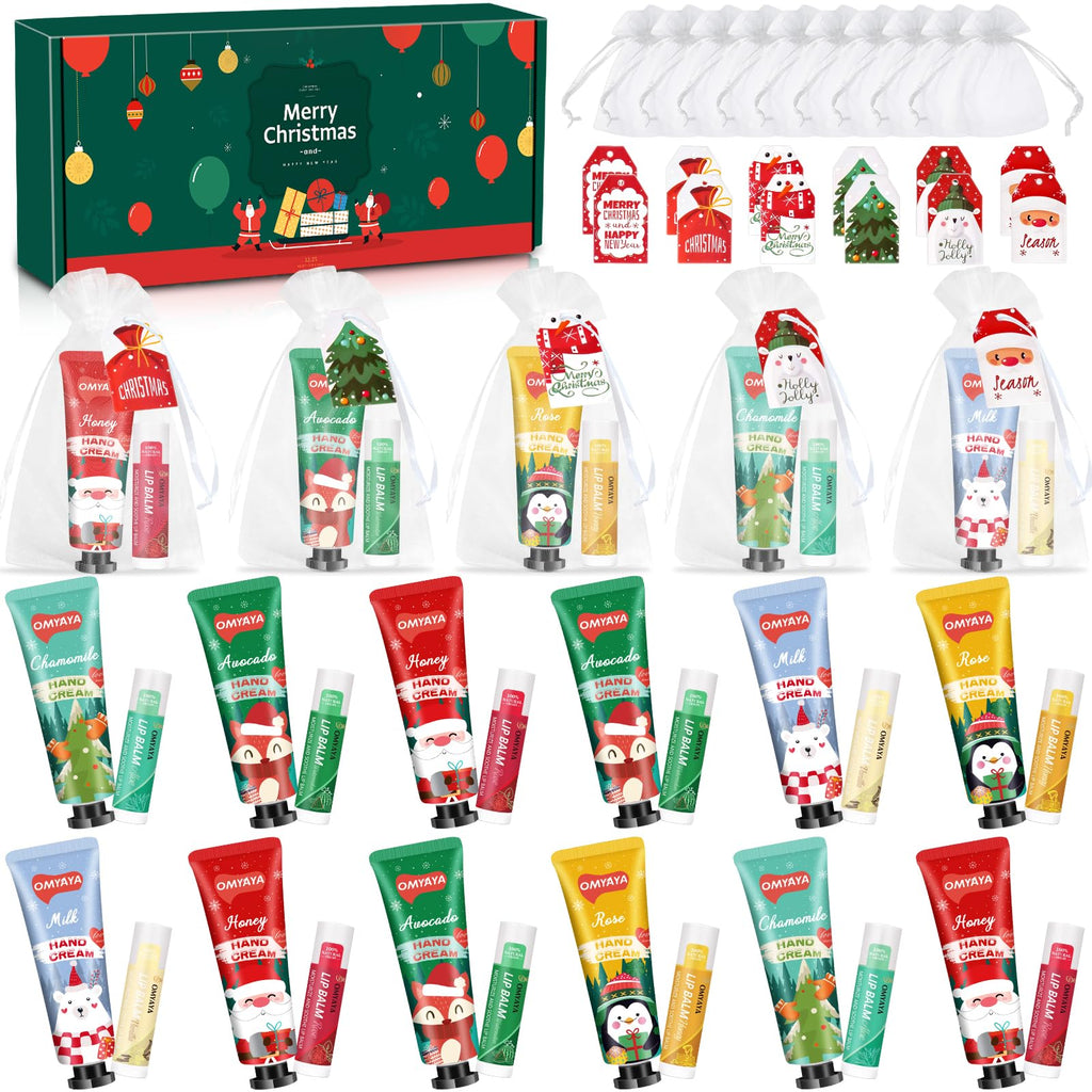 YUEONEWIN 12 Sets Christmas Bulk Gifts for Women – 48 Pcs Hand Cream & Lip Balm Set