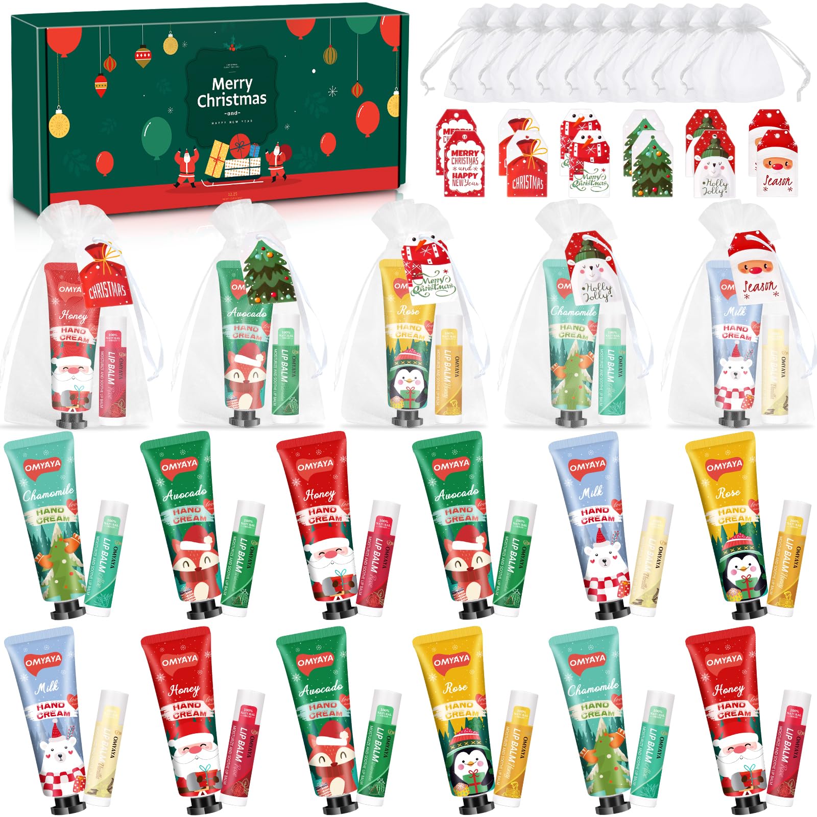 YUEONEWIN 12 Sets Christmas Bulk Gifts for Women – 48 Pcs Hand Cream & Lip Balm Set