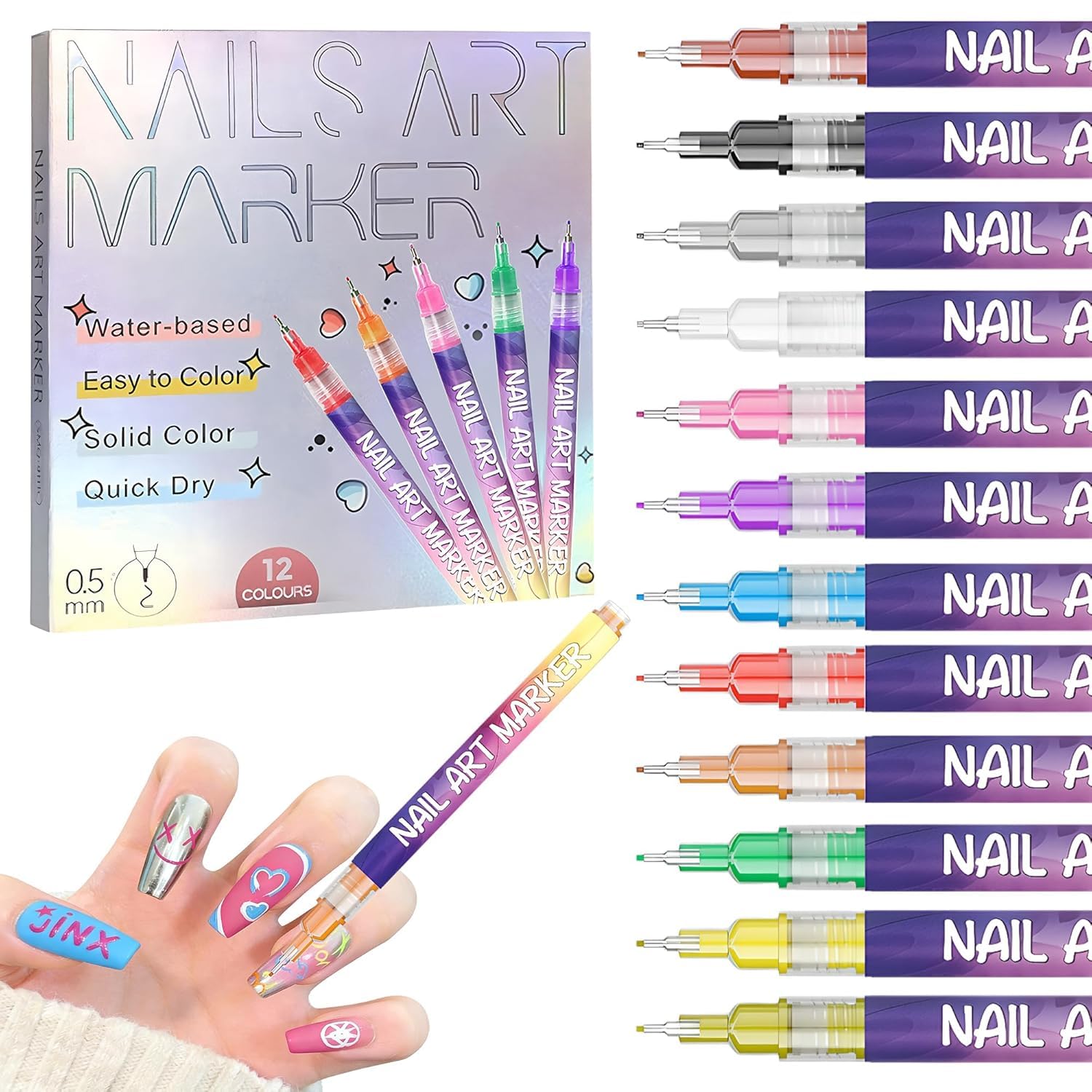 YUEUR 12 Colors Nail Art Pens Set – Fine Tip 0.5mm, 3-in-1 Tools, DIY Home Salon