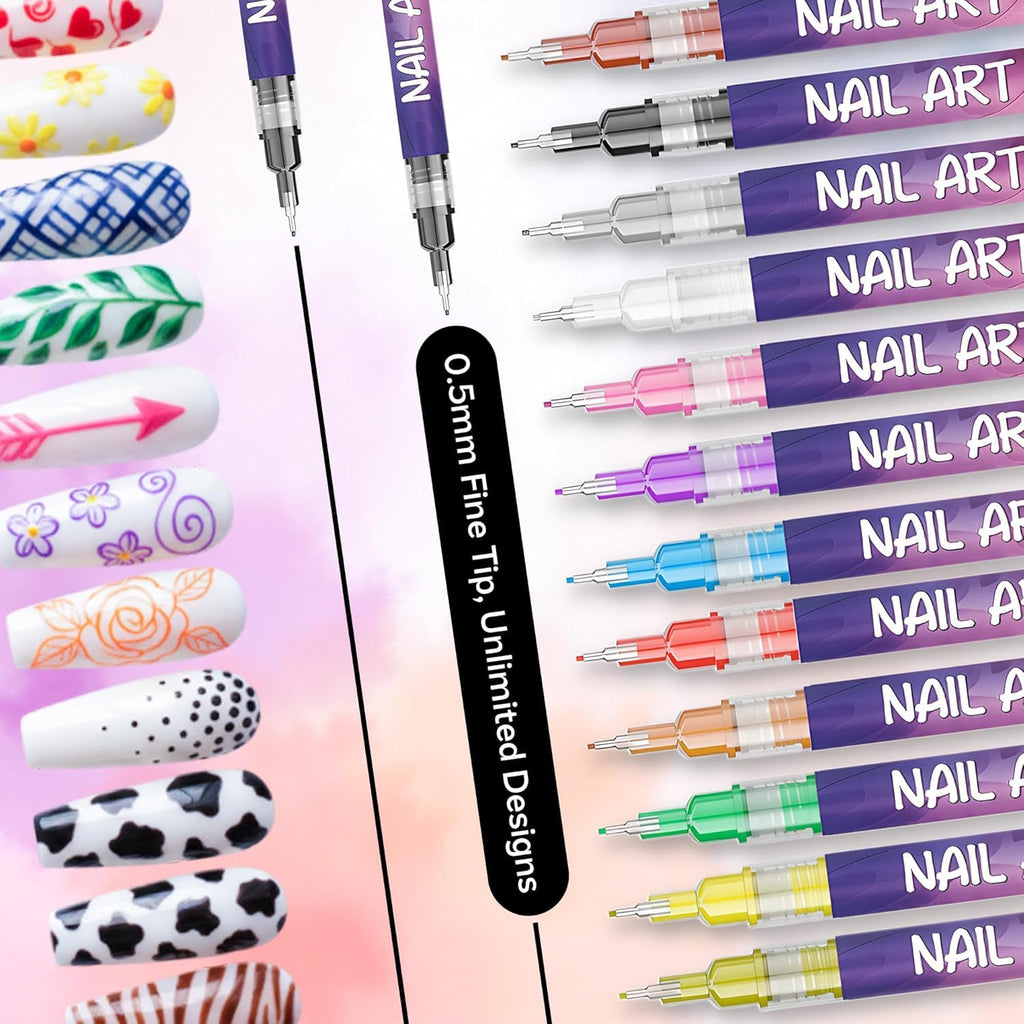 YUEUR 12 Colors Nail Art Pens Set – Fine Tip 0.5mm, 3-in-1 Tools, DIY Home Salon