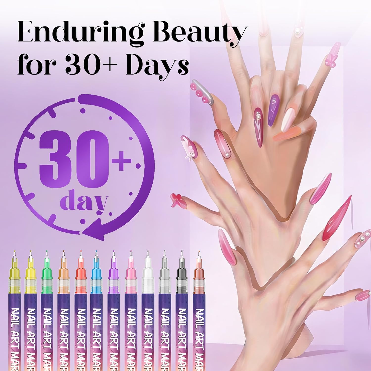 YUEUR 12 Colors Nail Art Pens Set – Fine Tip 0.5mm, 3-in-1 Tools, DIY Home Salon