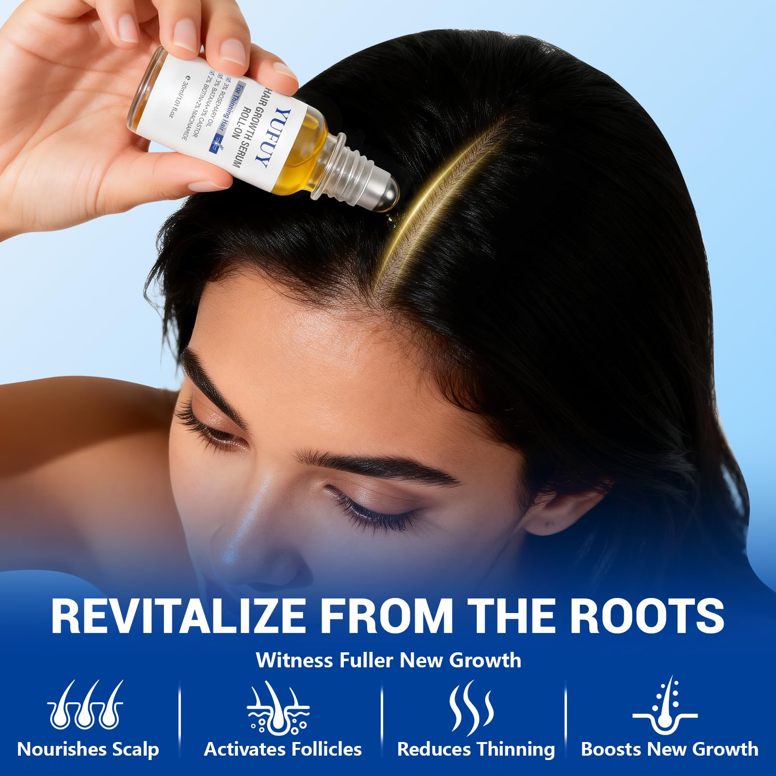 YUFUY Hair Growth Serum Roll-On – No-Rinse, Fast-Absorbing with Rosemary, Castor, Batana Oil & Biotin Niacinamide