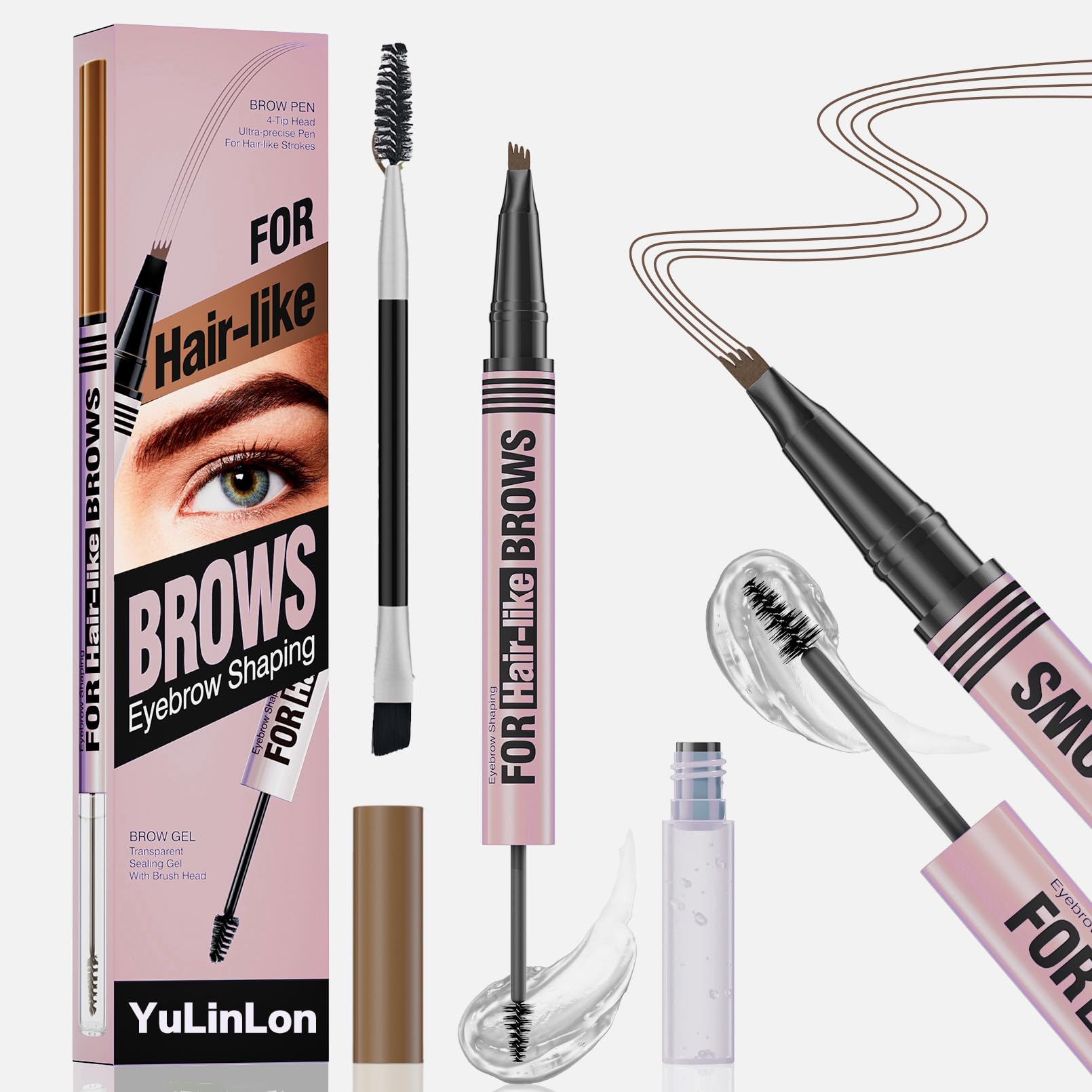 Yulinlon 2-in-1 Eyebrow Pen & Gel – 4-Tip Precision, Waterproof, 5 Natural Shades (01# Light Brown)