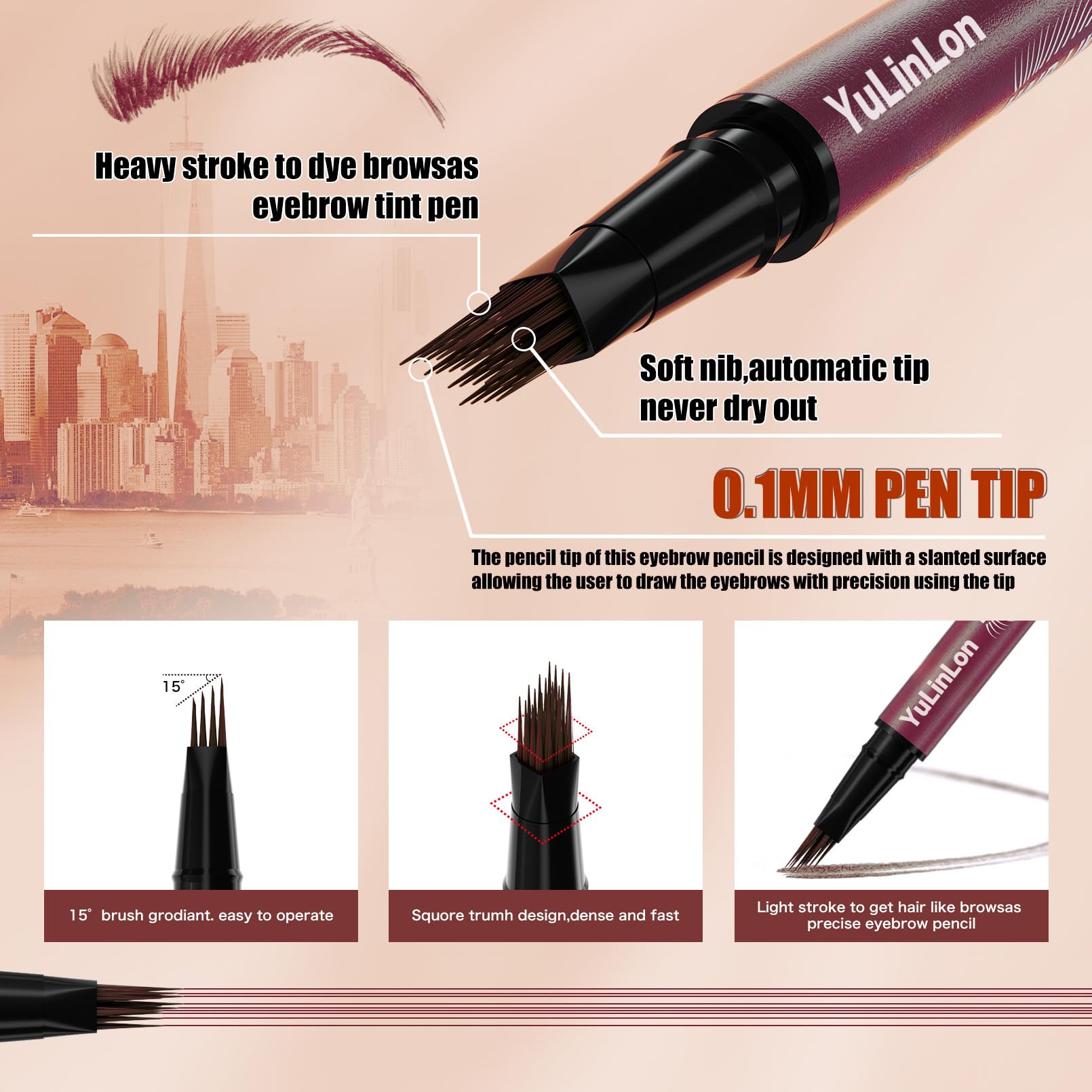 Yulinlon 4D Double-Ended Eyebrow Pen – Hair-Like Microblade, Quick-Dry, Dark Brown 03
