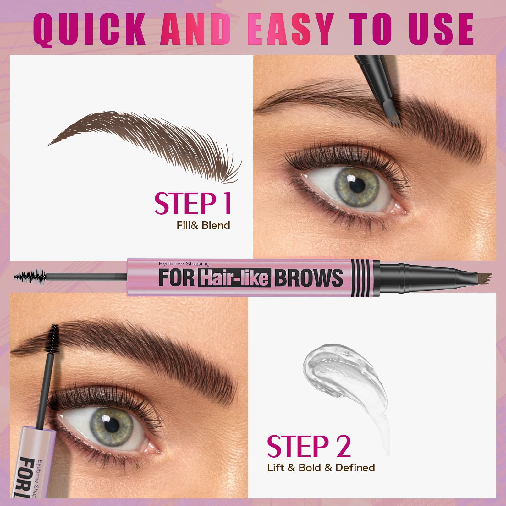 Yulinlon 2-in-1 Eyebrow Pen & Gel – 4-Tip Precision, Waterproof, 5 Natural Shades (01# Light Brown)