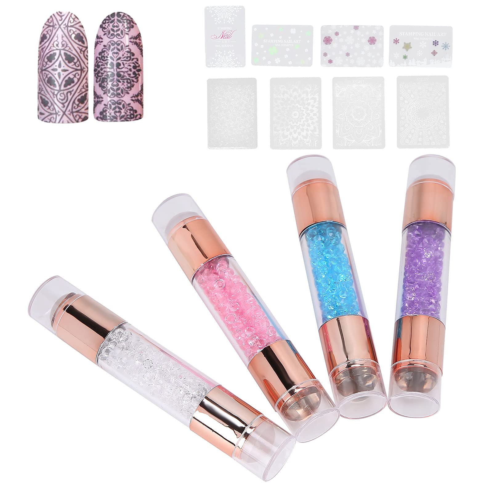 YUYTE 4Sets Dual Ended Nail Stamper Kit – Silicone Stamp Pens & Nail Seal Plates for DIY Nail Art