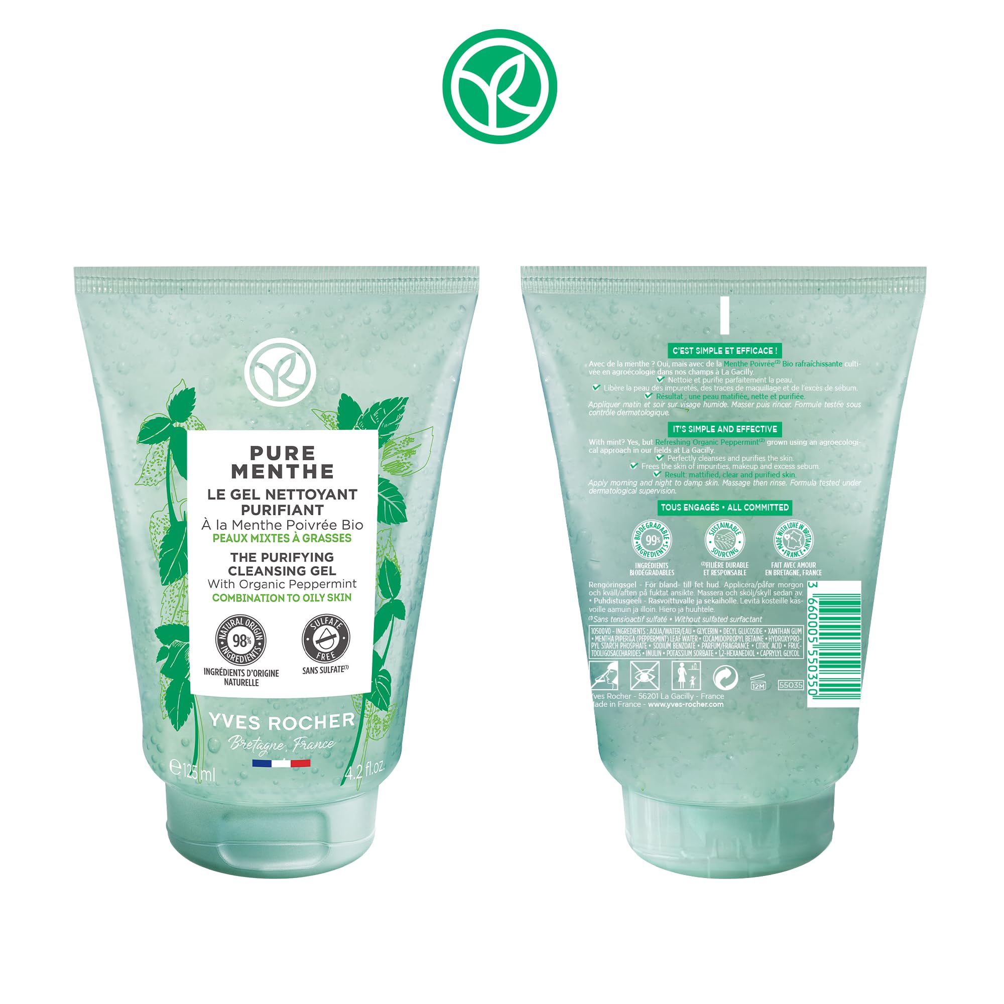 Yves Rocher Purifying Cleansing Gel Pure Menthe – For Combination to Oily Skin | 125 ml / 4.2 oz