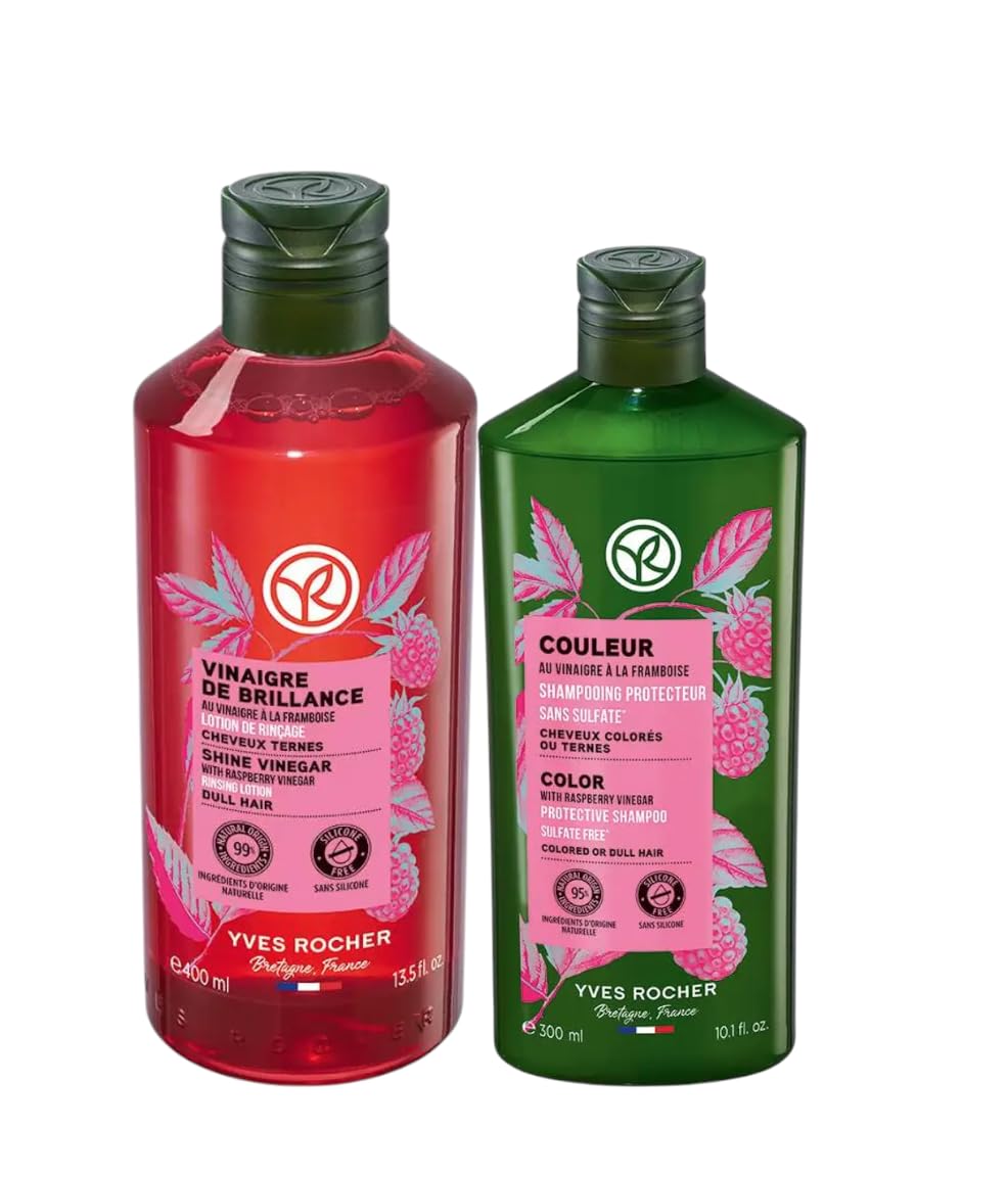 Yves Rocher Raspberry Shine Hair Vinegar & Shampoo Set – Shine, Softness & Color (400 ml + 300 ml)