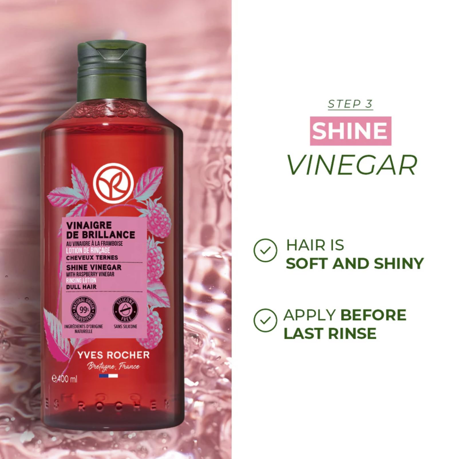 Yves Rocher Raspberry Shine Hair Vinegar & Shampoo Set – Shine, Softness & Color (400 ml + 300 ml)