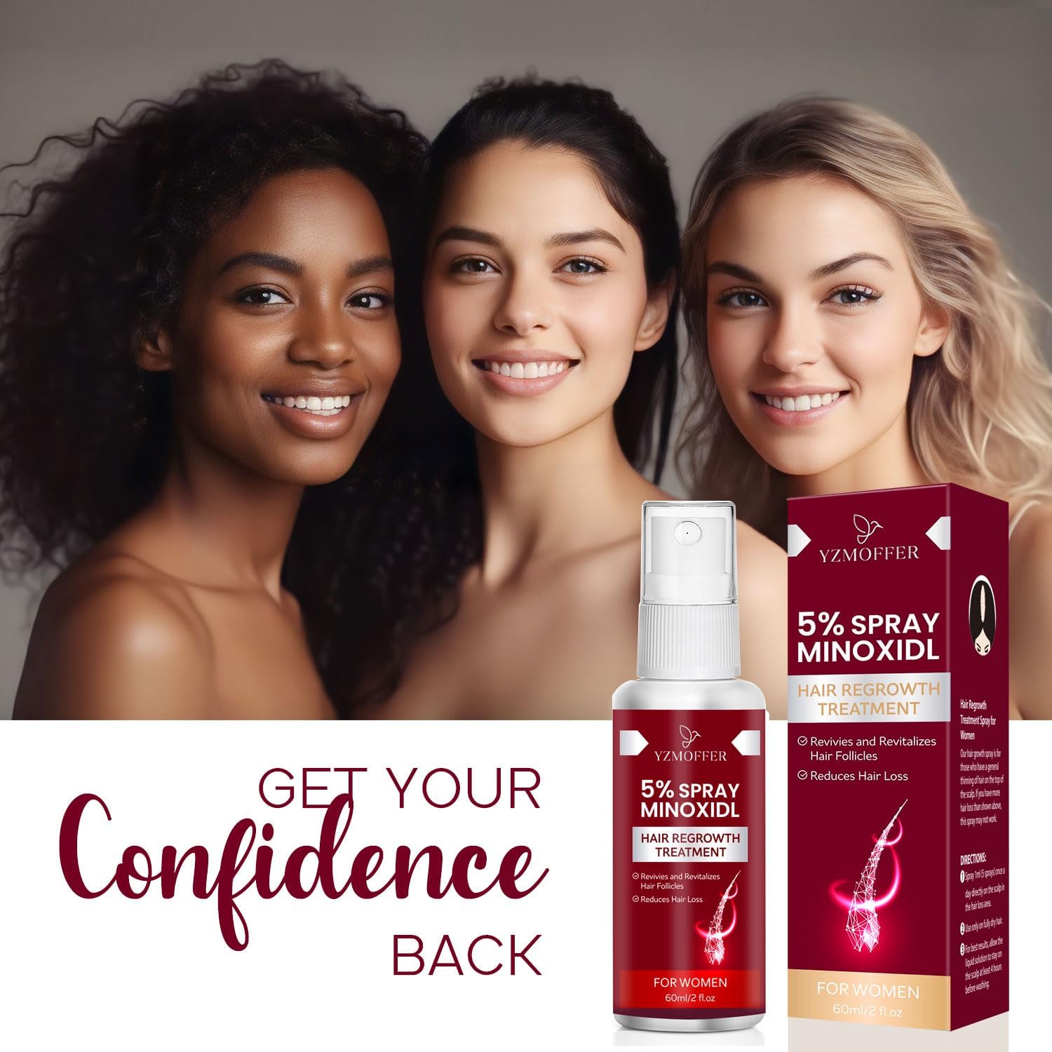 Yzmoffer 5% Minoxidil Spray for Women – Hair Regrowth 60ML x 2 Pack