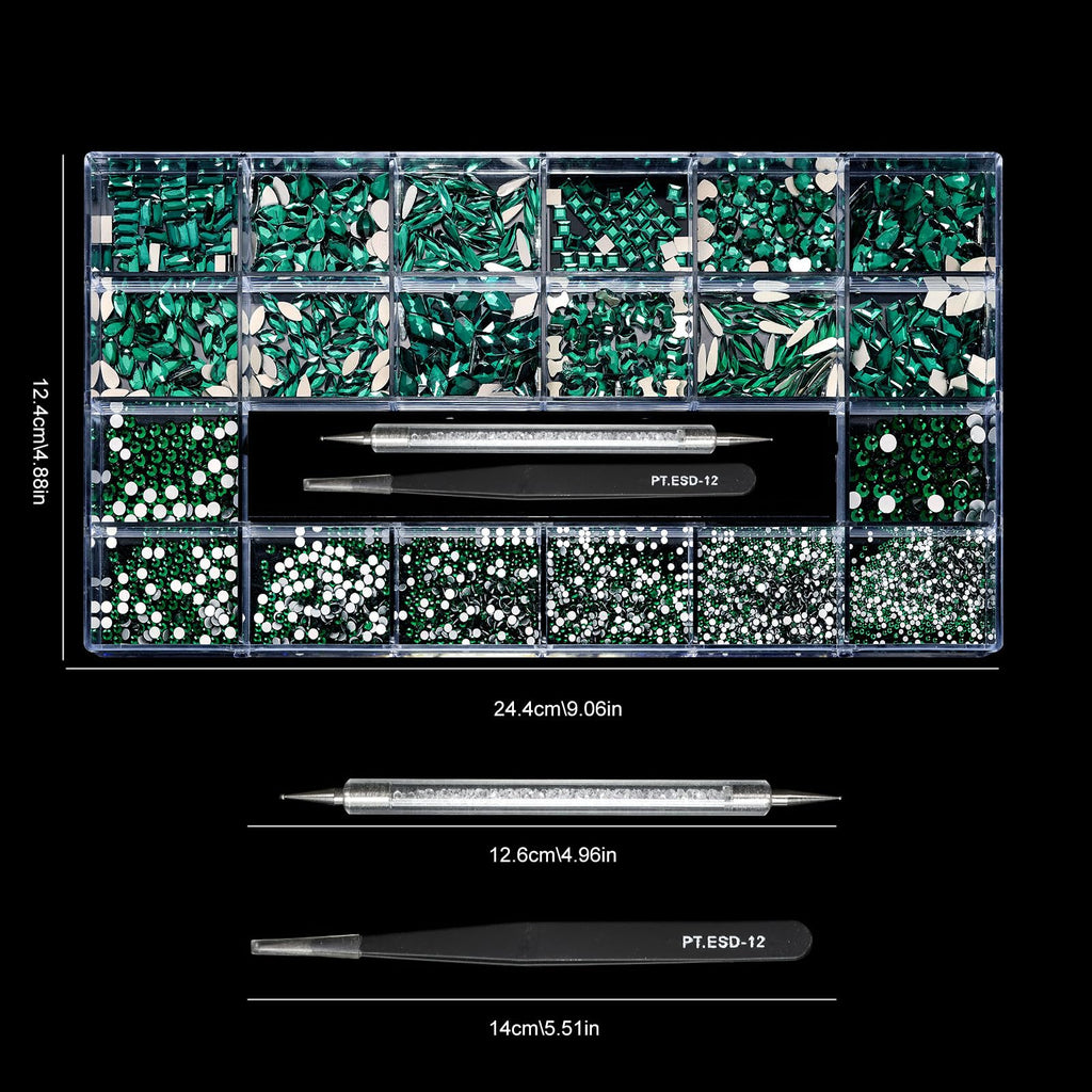 Yzzseven 12 Types Green 600 Diamonds + 2500 Flat Rhinestones – DIY Nail Art Crystal Kit with Tweezers & Drill Pen